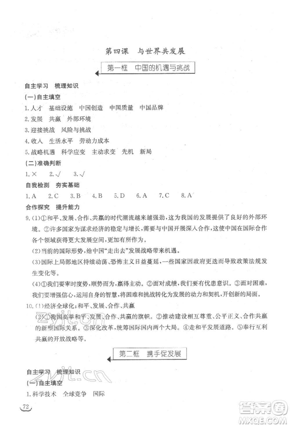 湖北教育出版社2022長江作業(yè)本同步練習(xí)冊九年級道德與法治下冊人教版參考答案