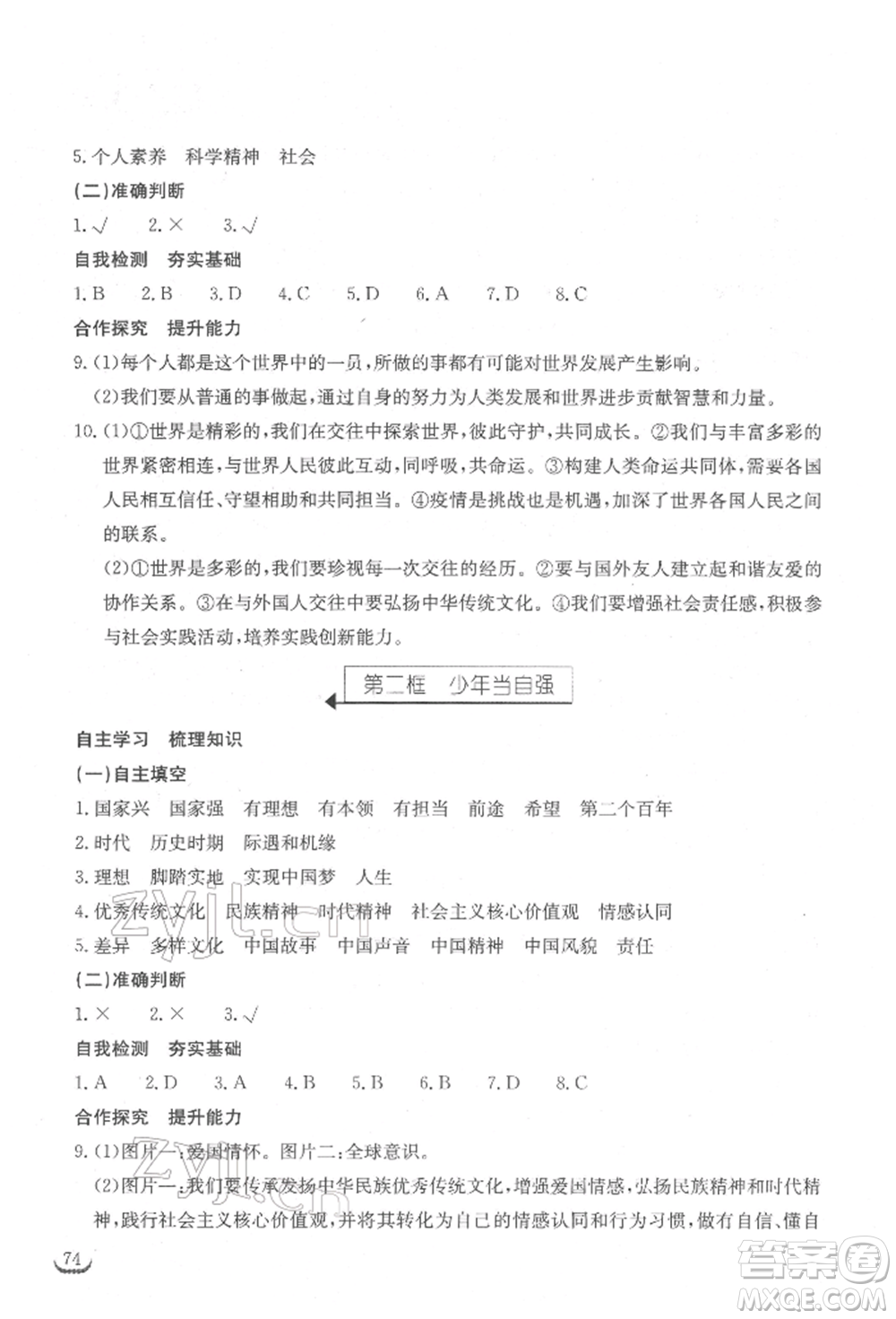 湖北教育出版社2022長江作業(yè)本同步練習(xí)冊九年級道德與法治下冊人教版參考答案