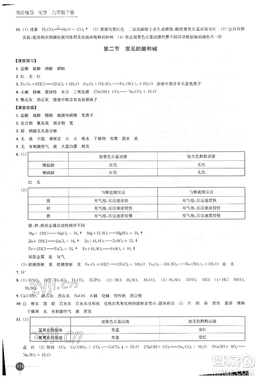 江蘇鳳凰科學(xué)技術(shù)出版社2022同步練習(xí)化學(xué)九年級(jí)下冊(cè)滬教版參考答案