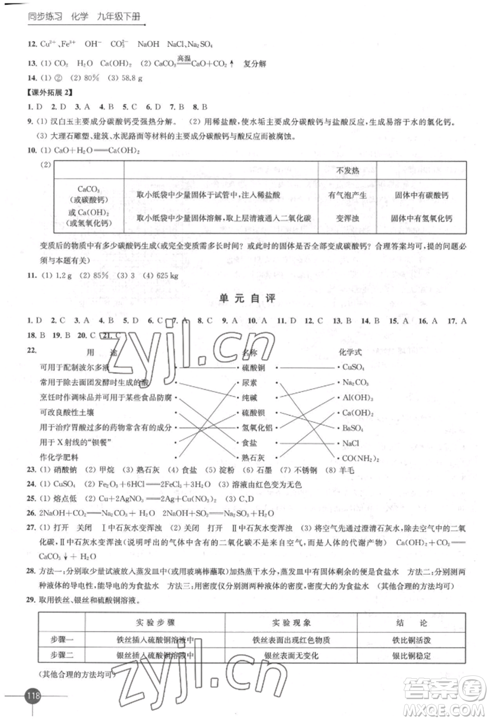 江蘇鳳凰科學(xué)技術(shù)出版社2022同步練習(xí)化學(xué)九年級(jí)下冊(cè)滬教版參考答案