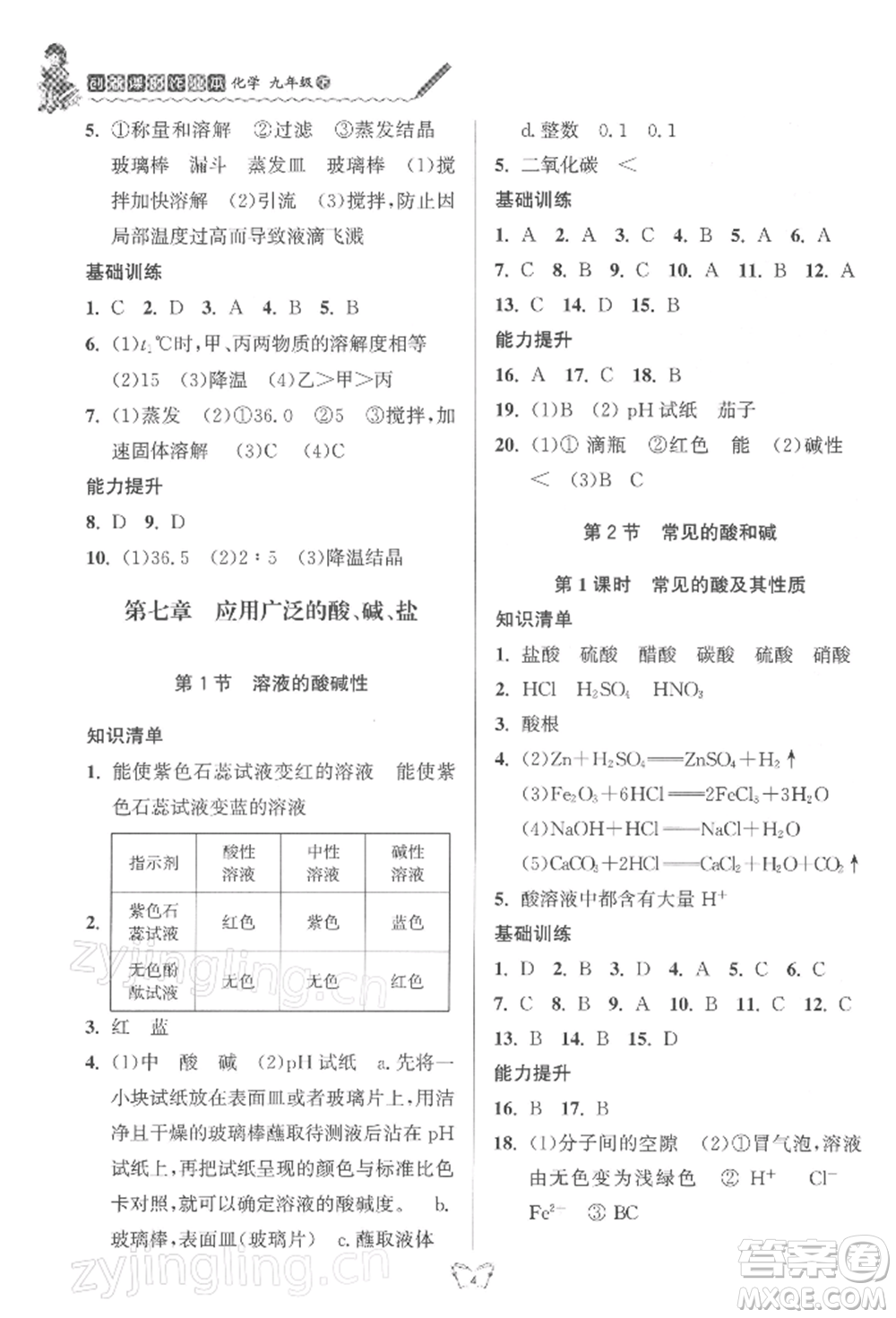 江蘇人民出版社2022創(chuàng)新課時作業(yè)本九年級化學(xué)下冊滬教版版參考答案