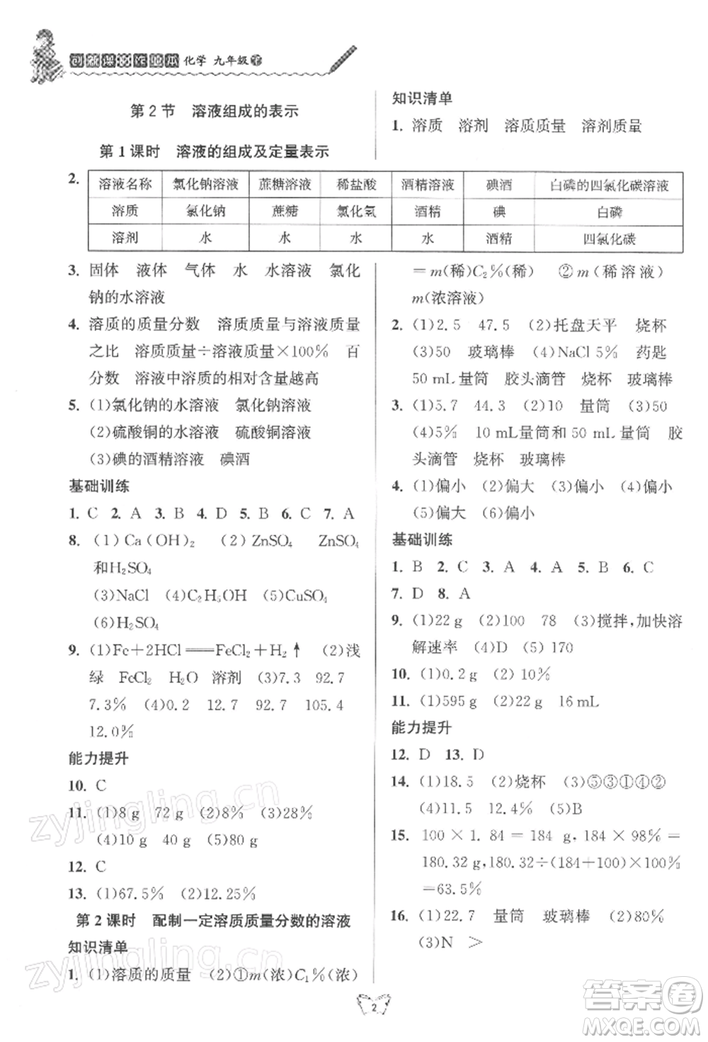 江蘇人民出版社2022創(chuàng)新課時作業(yè)本九年級化學(xué)下冊滬教版版參考答案