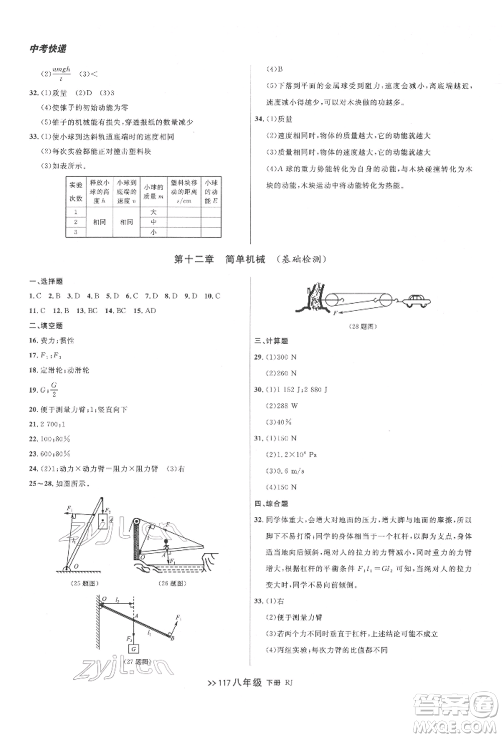 遼寧大學(xué)出版社2022中考快遞同步檢測(cè)八年級(jí)物理下冊(cè)人教版大連專版參考答案