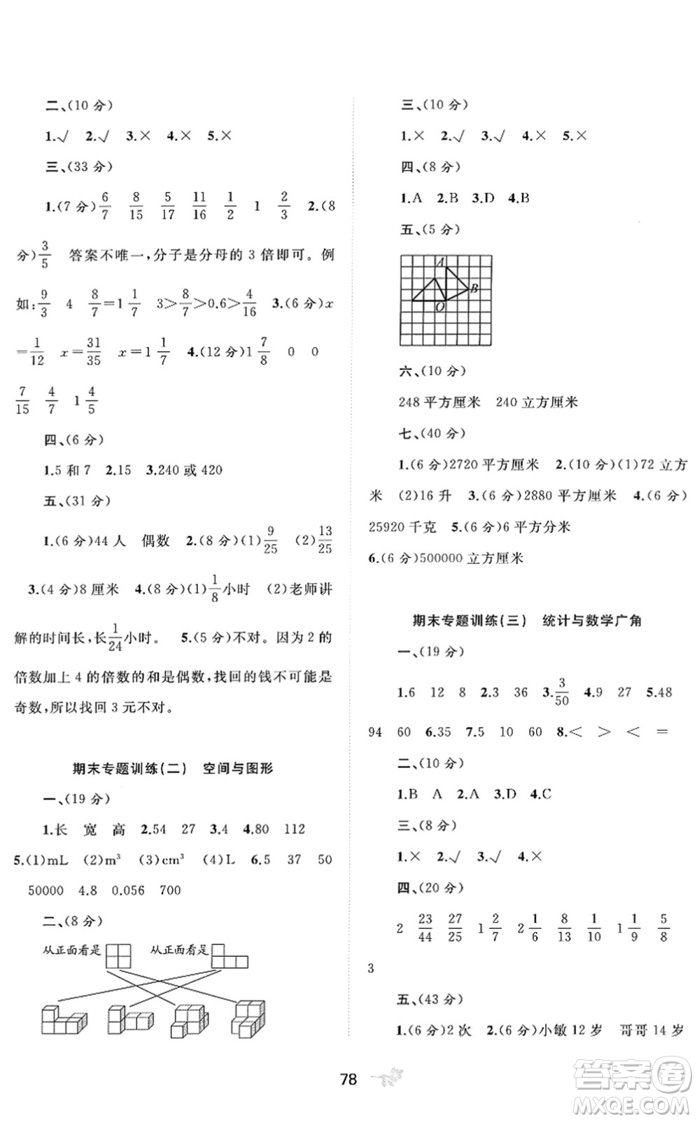 廣西教育出版社2022新課程學(xué)習(xí)與測(cè)評(píng)單元雙測(cè)五年級(jí)數(shù)學(xué)下冊(cè)A人教版答案