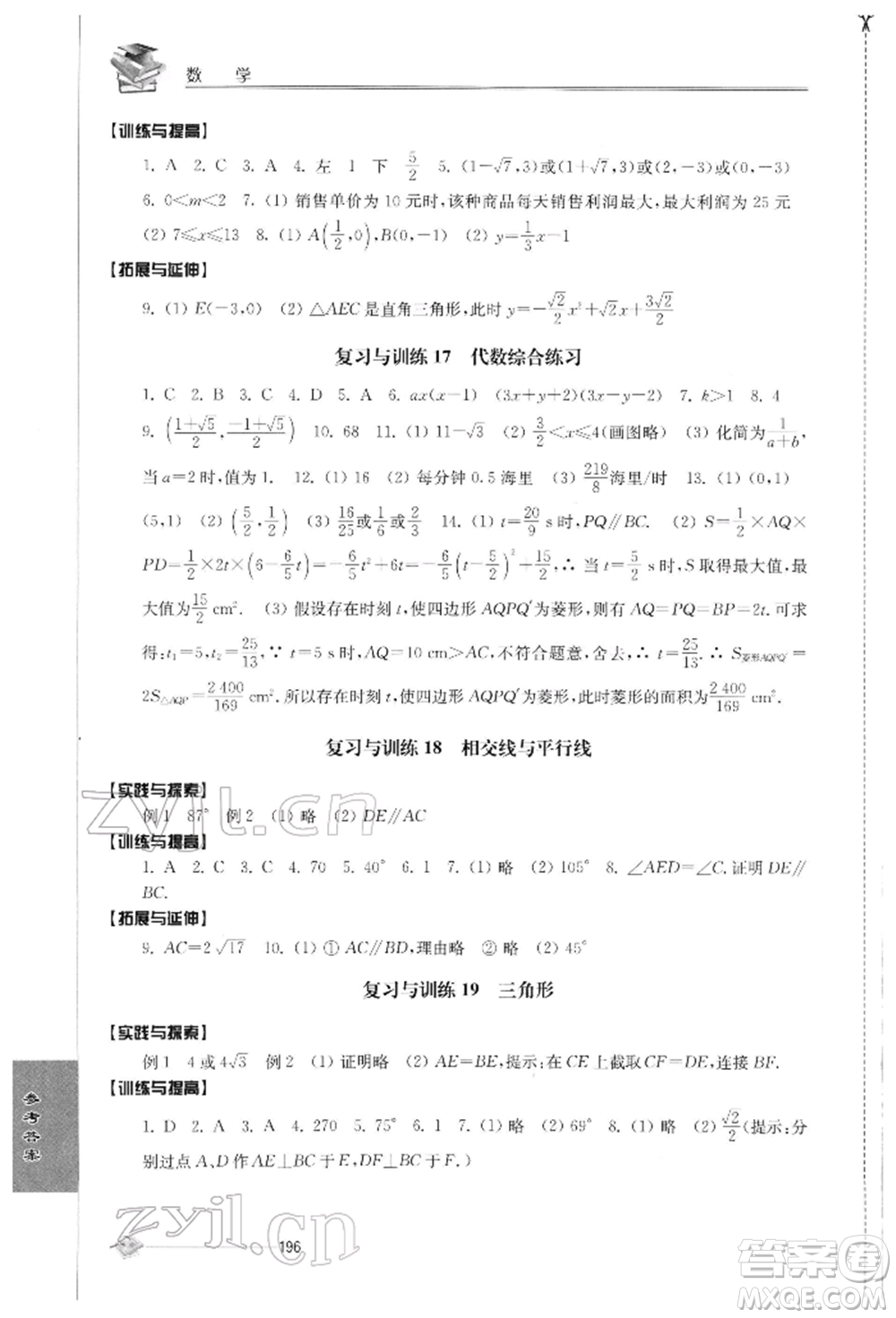 江蘇人民出版社2022初中復習與能力訓練數(shù)學通用版參考答案