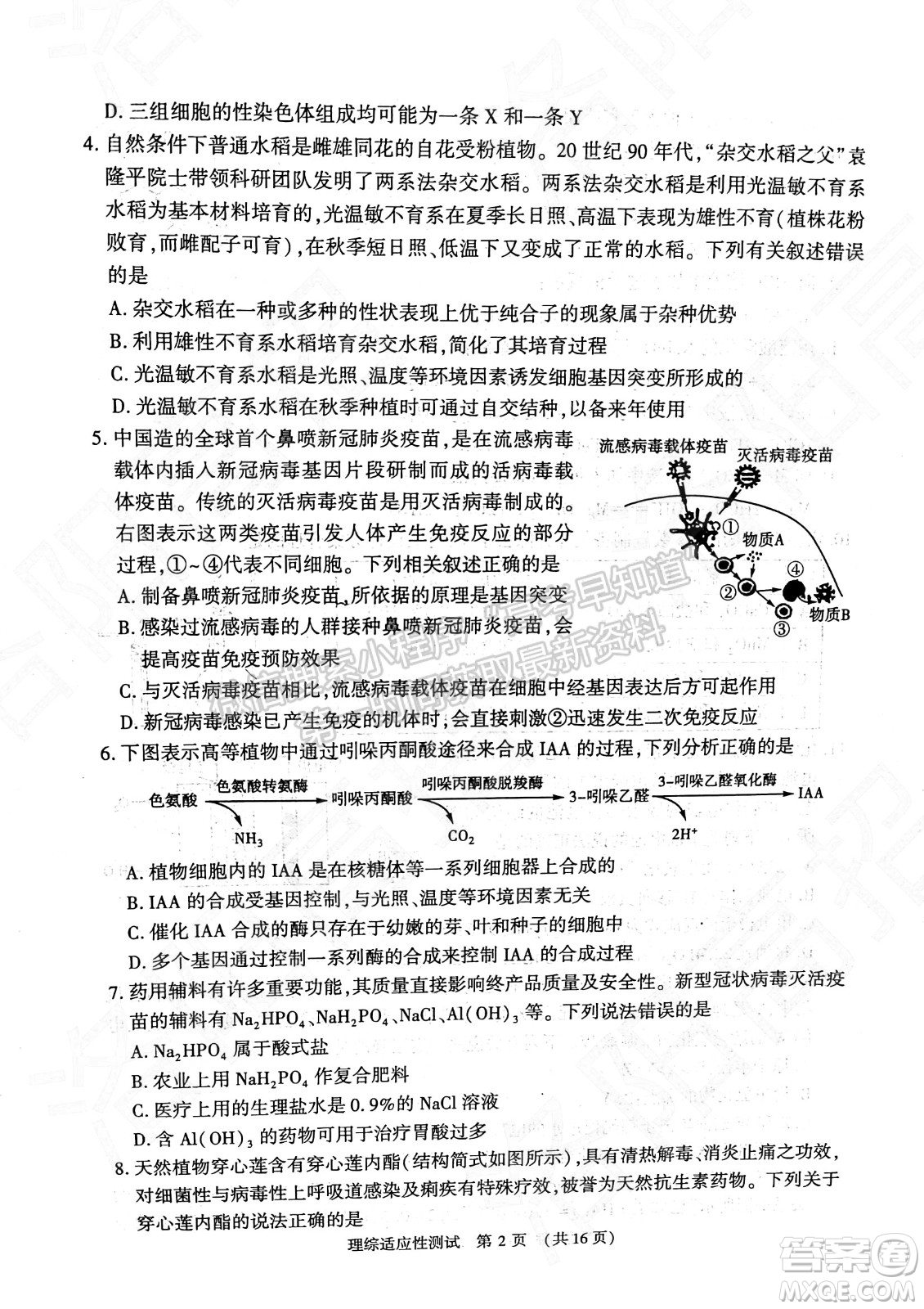 2022年河南省普通高中畢業(yè)班高考適應(yīng)性考試?yán)砜凭C合能力測試試卷及答案