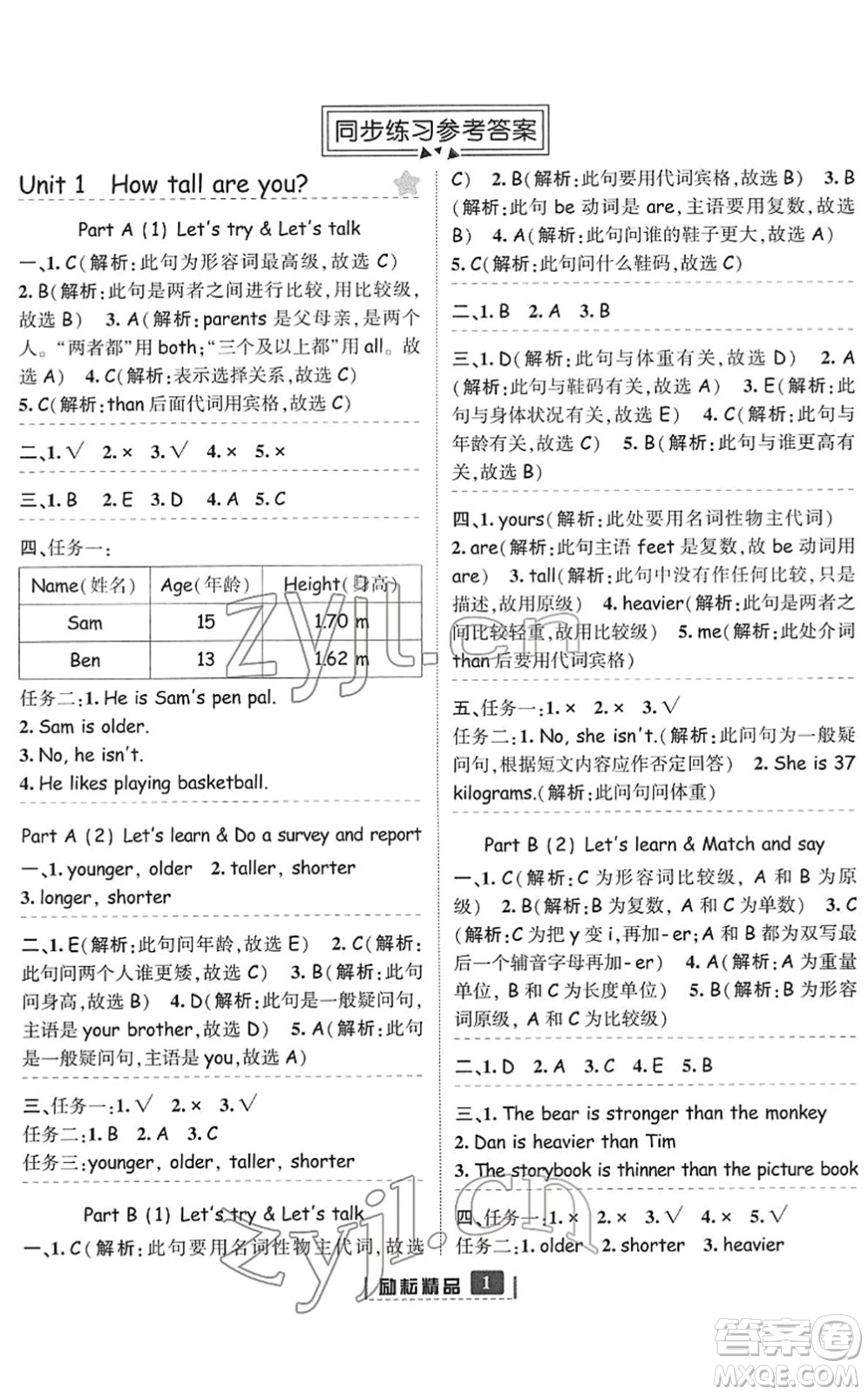 延邊人民出版社2022勵(lì)耘新同步六年級(jí)英語(yǔ)下冊(cè)人教版答案