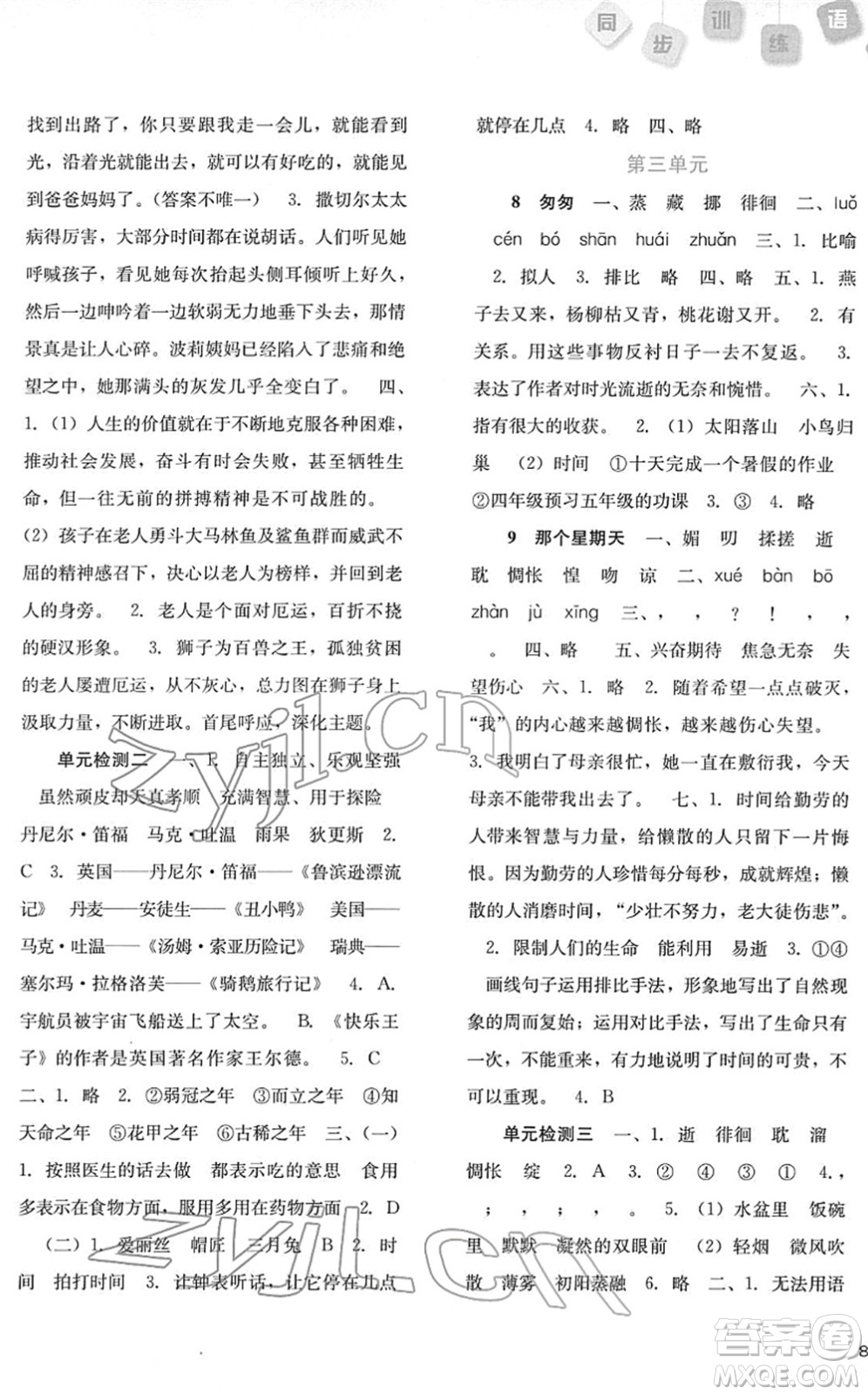 河北人民出版社2022同步訓(xùn)練六年級(jí)語文下冊人教版答案