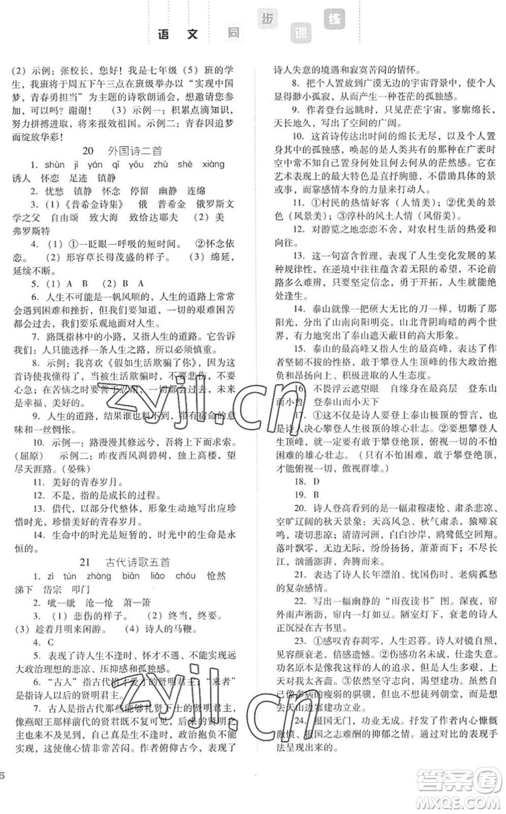 河北人民出版社2022同步訓(xùn)練七年級語文下冊人教版答案