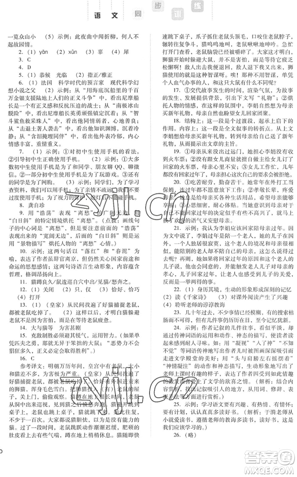 河北人民出版社2022同步訓(xùn)練七年級語文下冊人教版答案