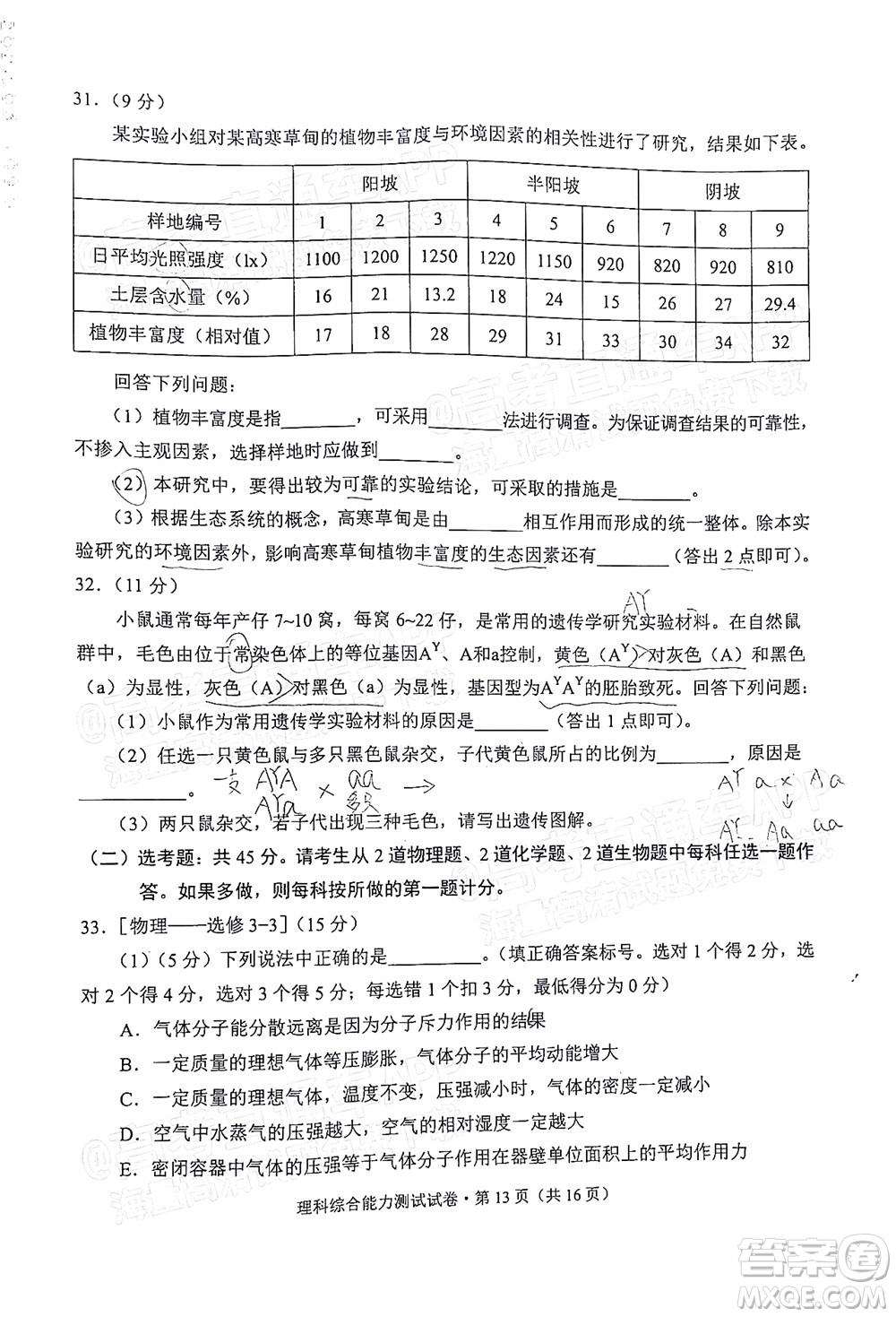 2022年云南省第一次高中畢業(yè)生復(fù)習(xí)統(tǒng)一檢測(cè)理科綜合試題及答案