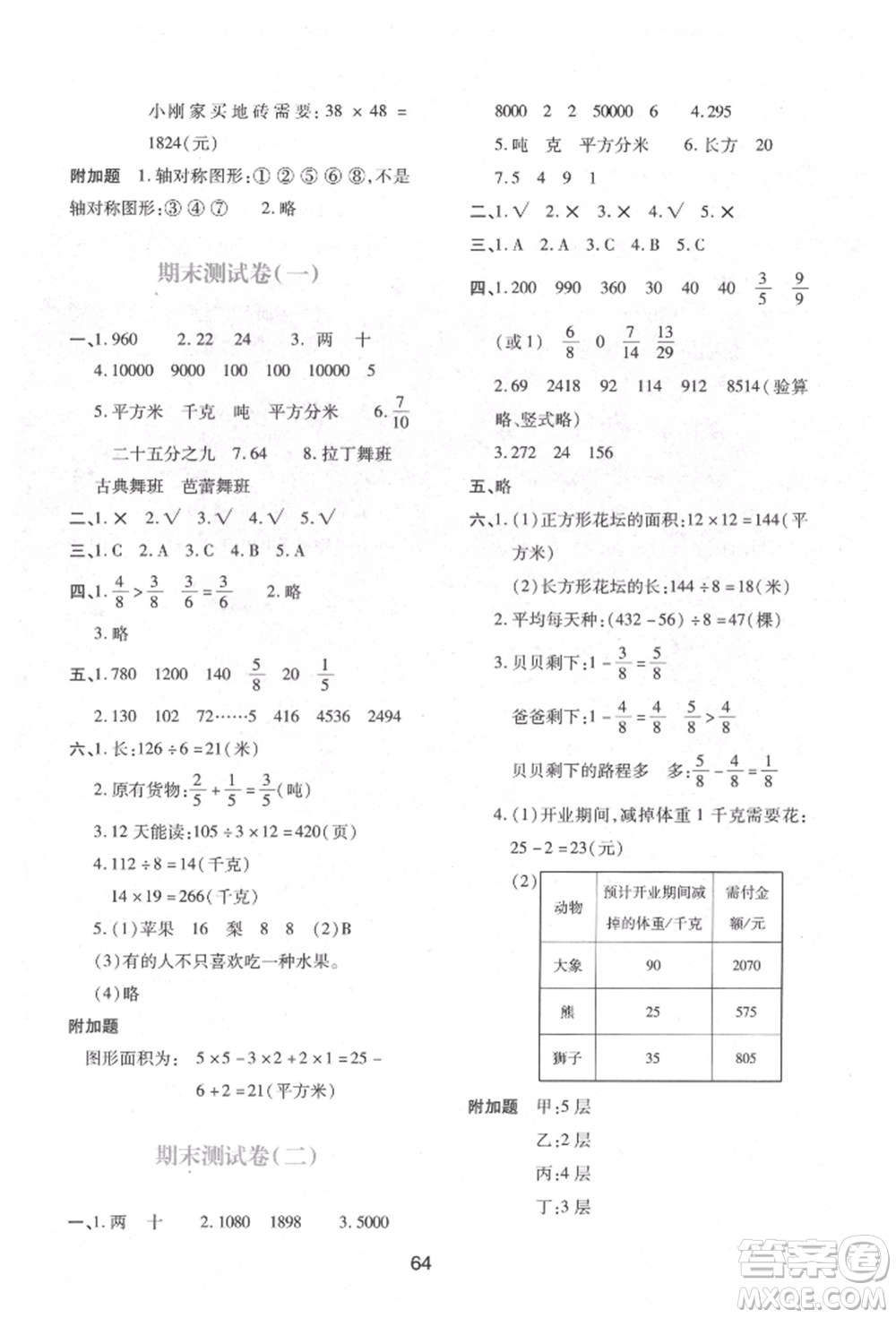 陜西人民教育出版社2022新課程學(xué)習(xí)與評價三年級數(shù)學(xué)下冊北師大版參考答案