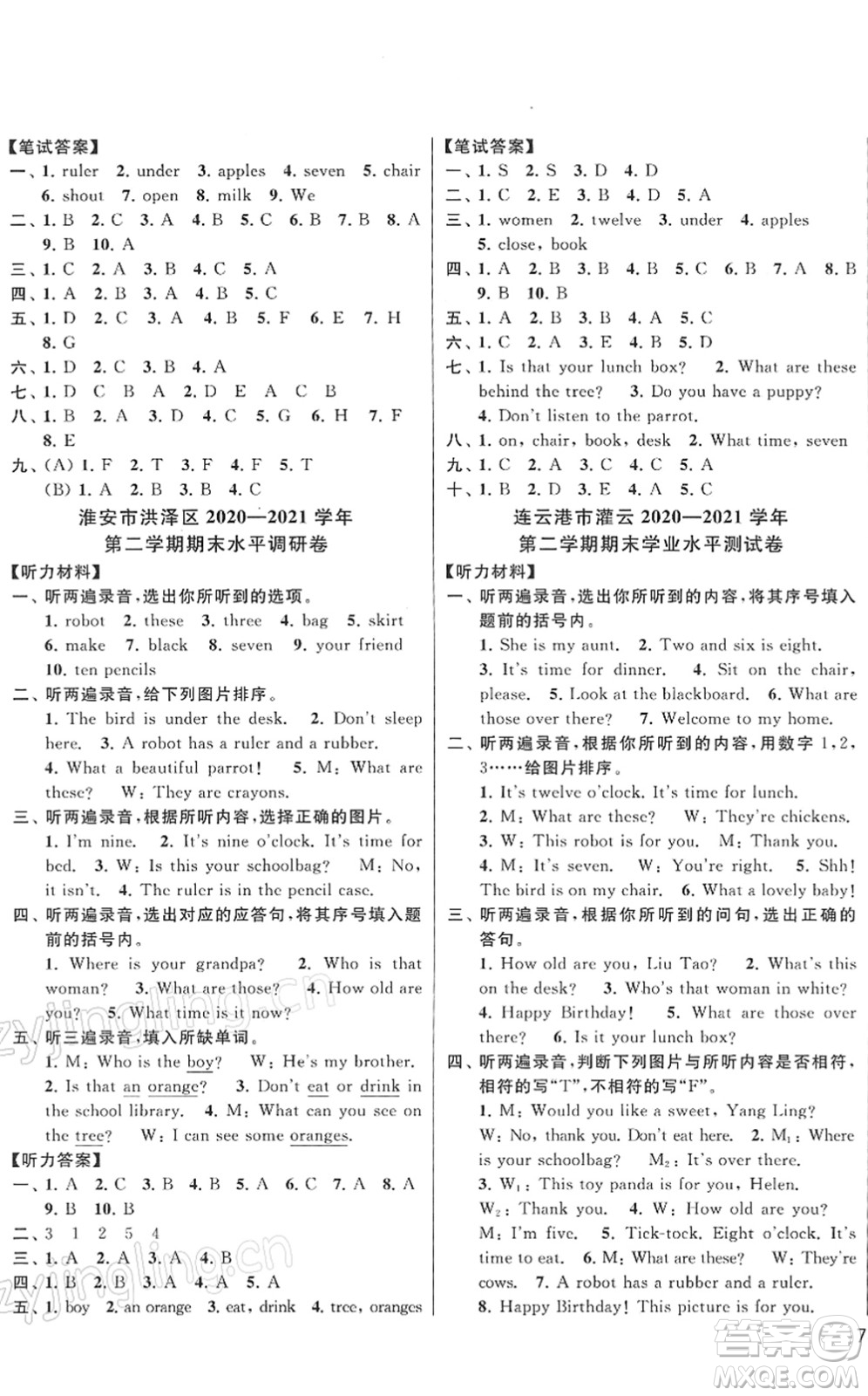 云南美術出版社2022同步跟蹤全程檢測三年級英語下冊譯林版答案