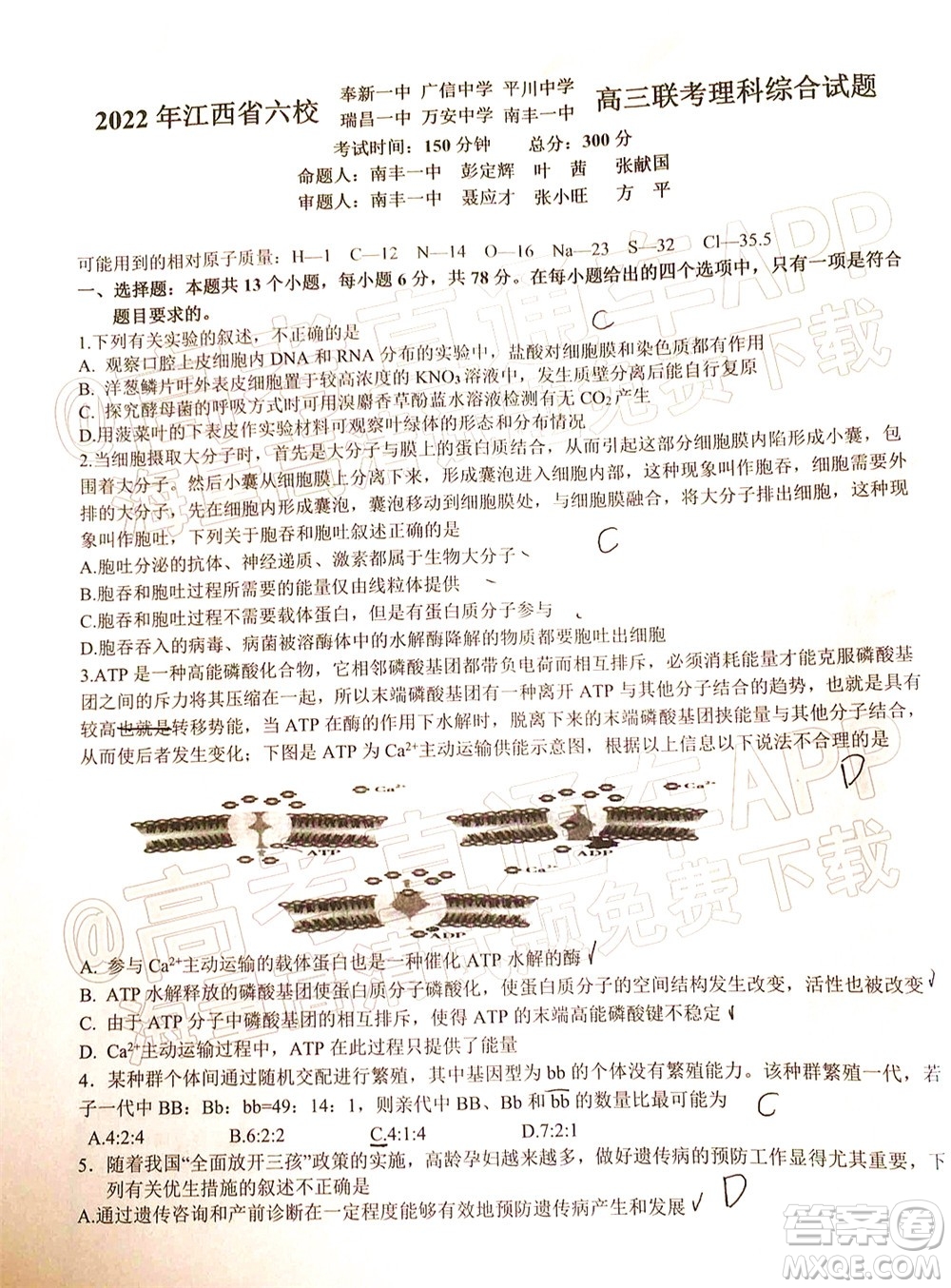 2022年江西省六校高三3月聯(lián)考理科綜合試題及答案