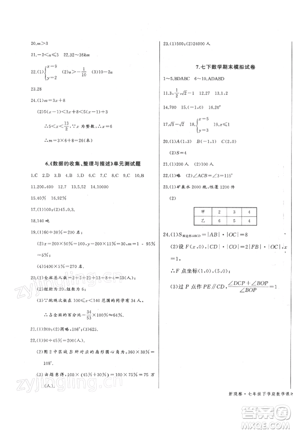 長江少年兒童出版社2022思維新觀察七年級數(shù)學(xué)下冊人教版參考答案