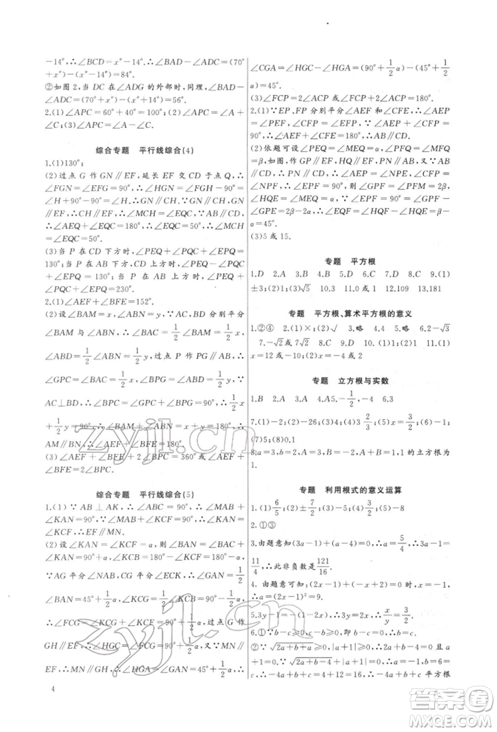 長江少年兒童出版社2022思維新觀察培優(yōu)講練七年級下冊數(shù)學人教版參考答案