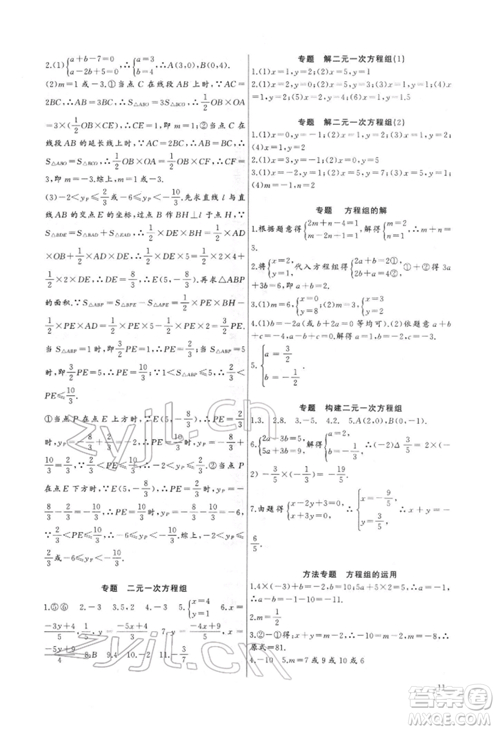 長江少年兒童出版社2022思維新觀察培優(yōu)講練七年級下冊數(shù)學人教版參考答案