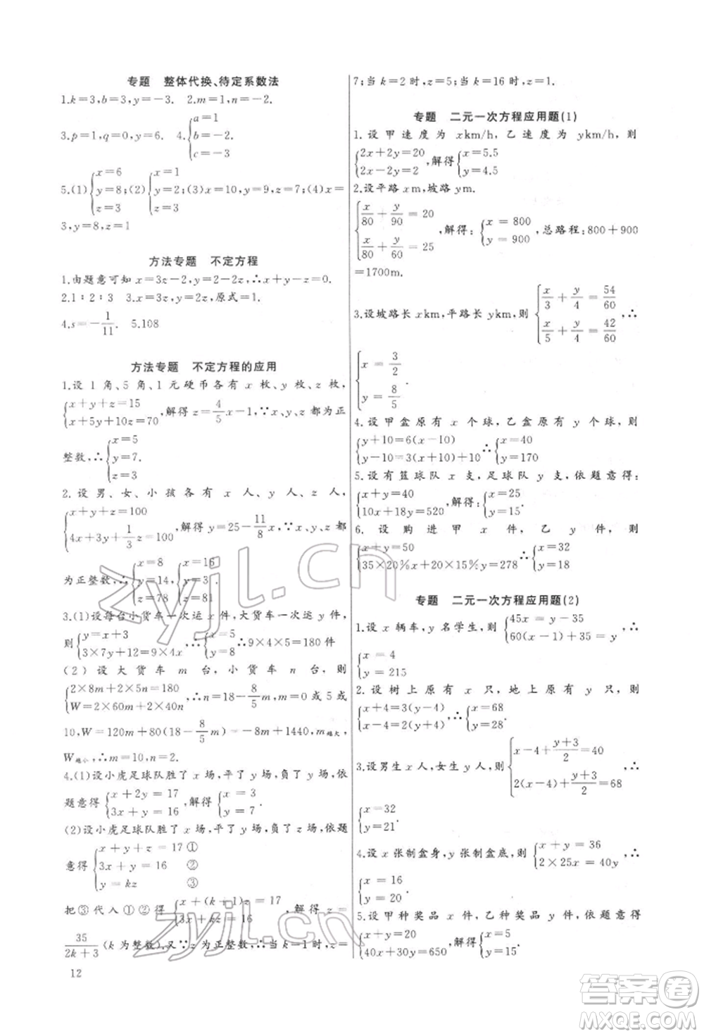 長江少年兒童出版社2022思維新觀察培優(yōu)講練七年級下冊數(shù)學人教版參考答案