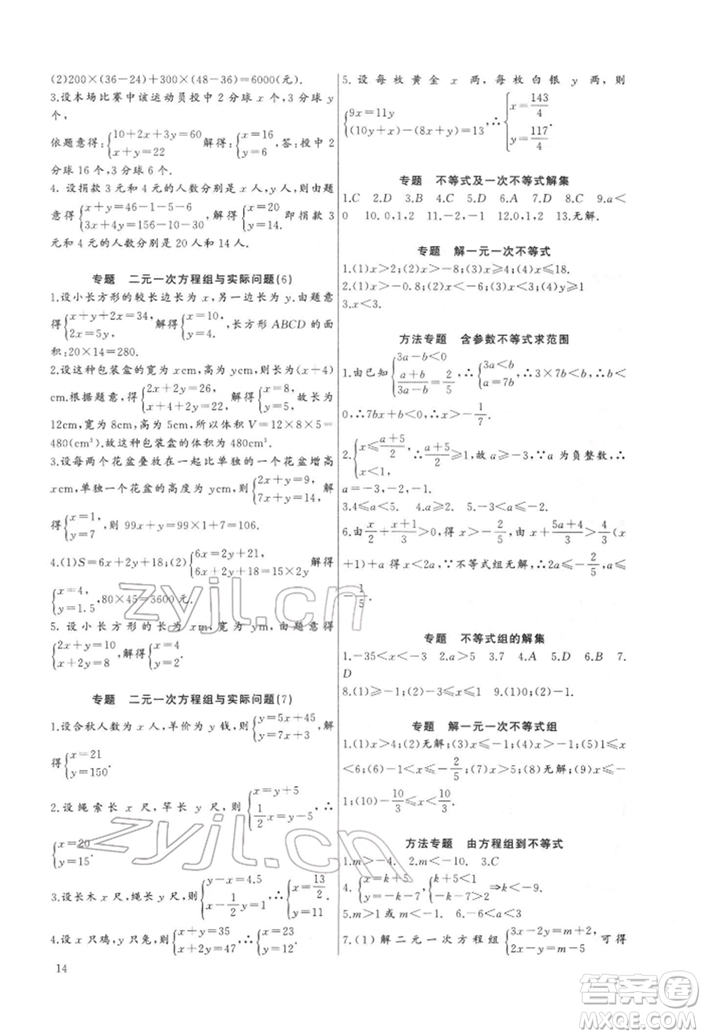 長江少年兒童出版社2022思維新觀察培優(yōu)講練七年級下冊數(shù)學人教版參考答案