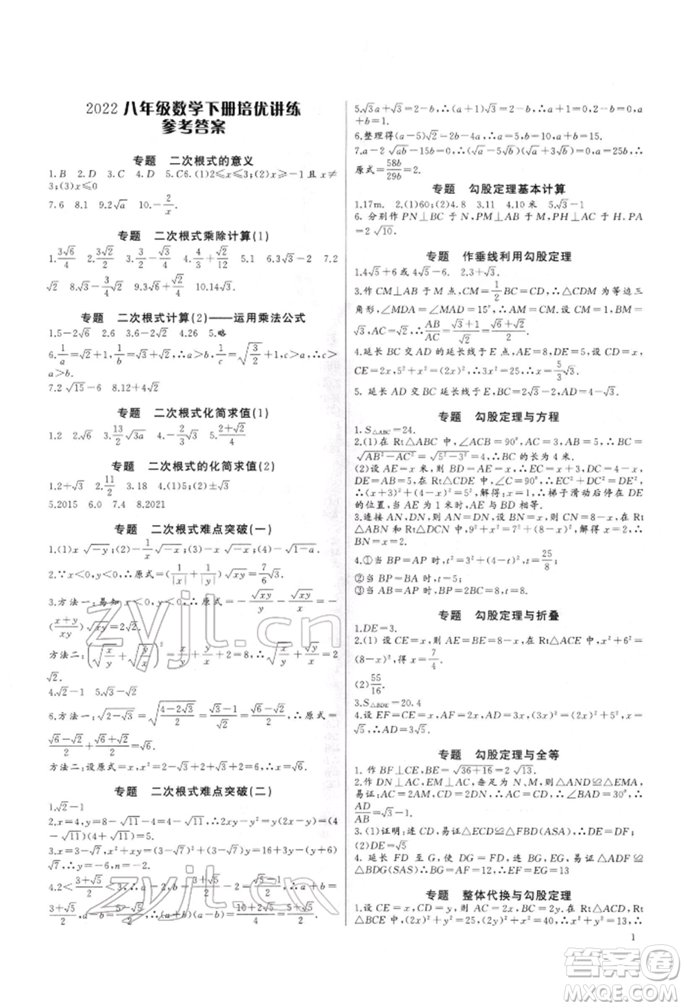 長江少年兒童出版社2022思維新觀察培優(yōu)講練八年級下冊數(shù)學人教版參考答案