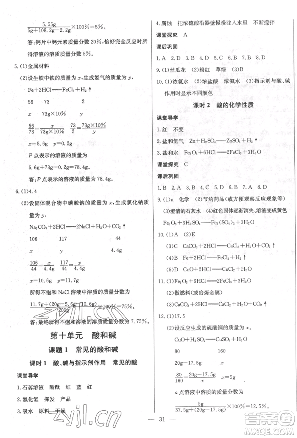 長江少年兒童出版社2022思維新觀察九年級化學下冊人教版參考答案