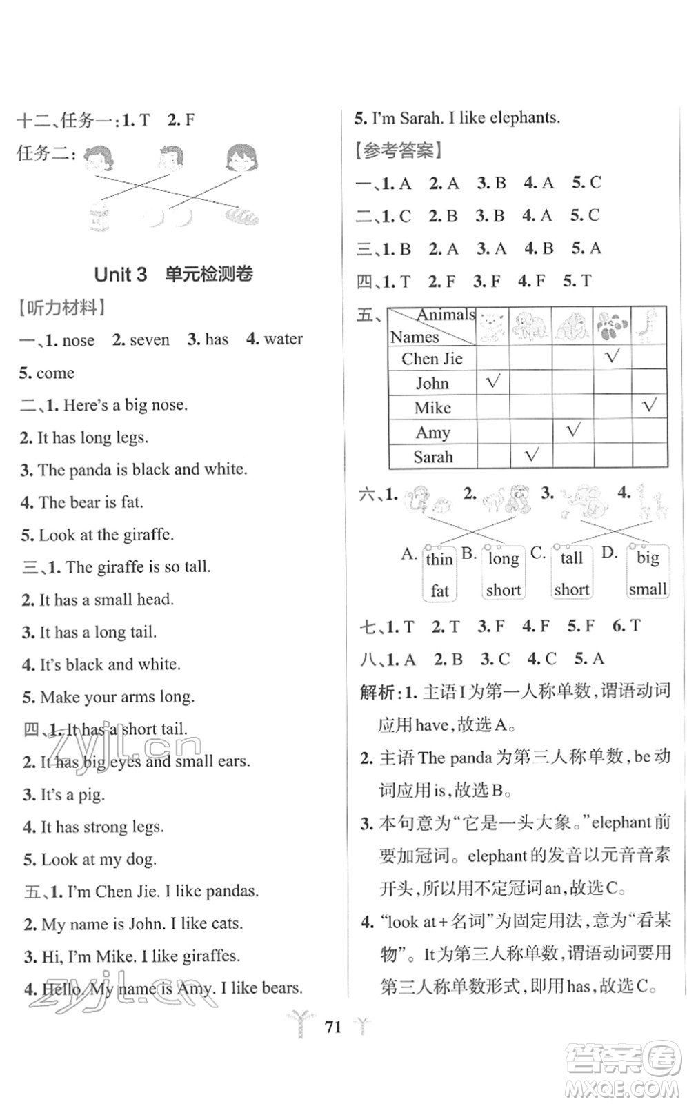 陜西師范大學出版總社2022小學學霸沖A卷三年級英語下冊RJ人教版答案