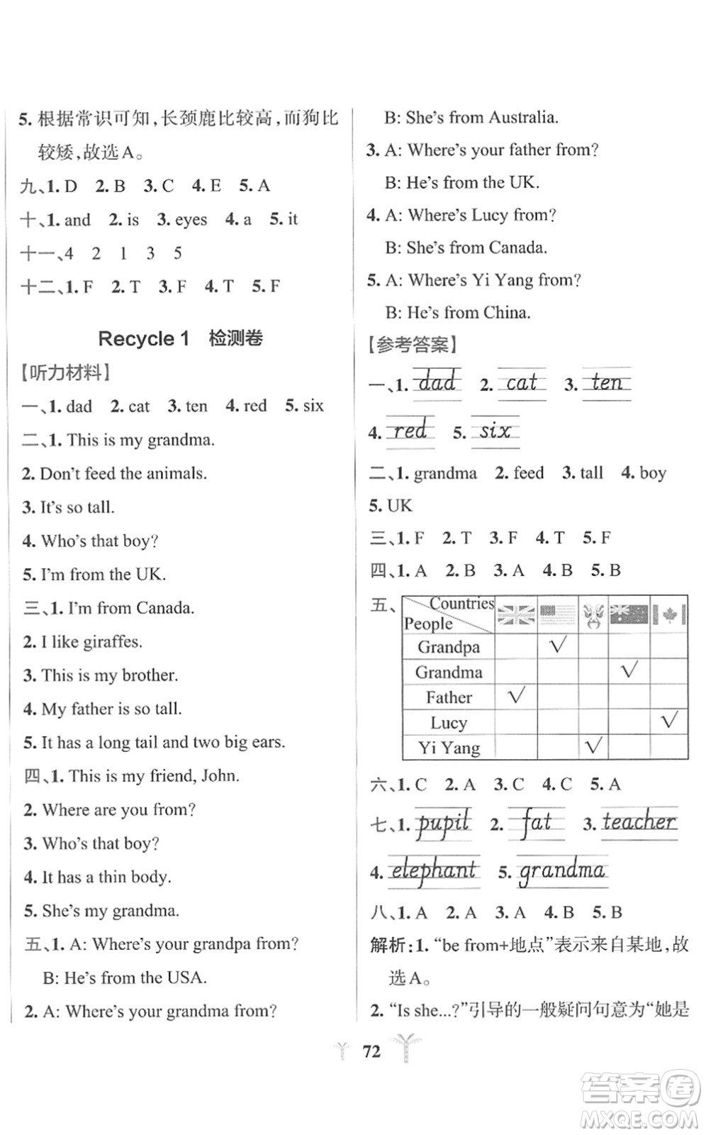 陜西師范大學出版總社2022小學學霸沖A卷三年級英語下冊RJ人教版答案