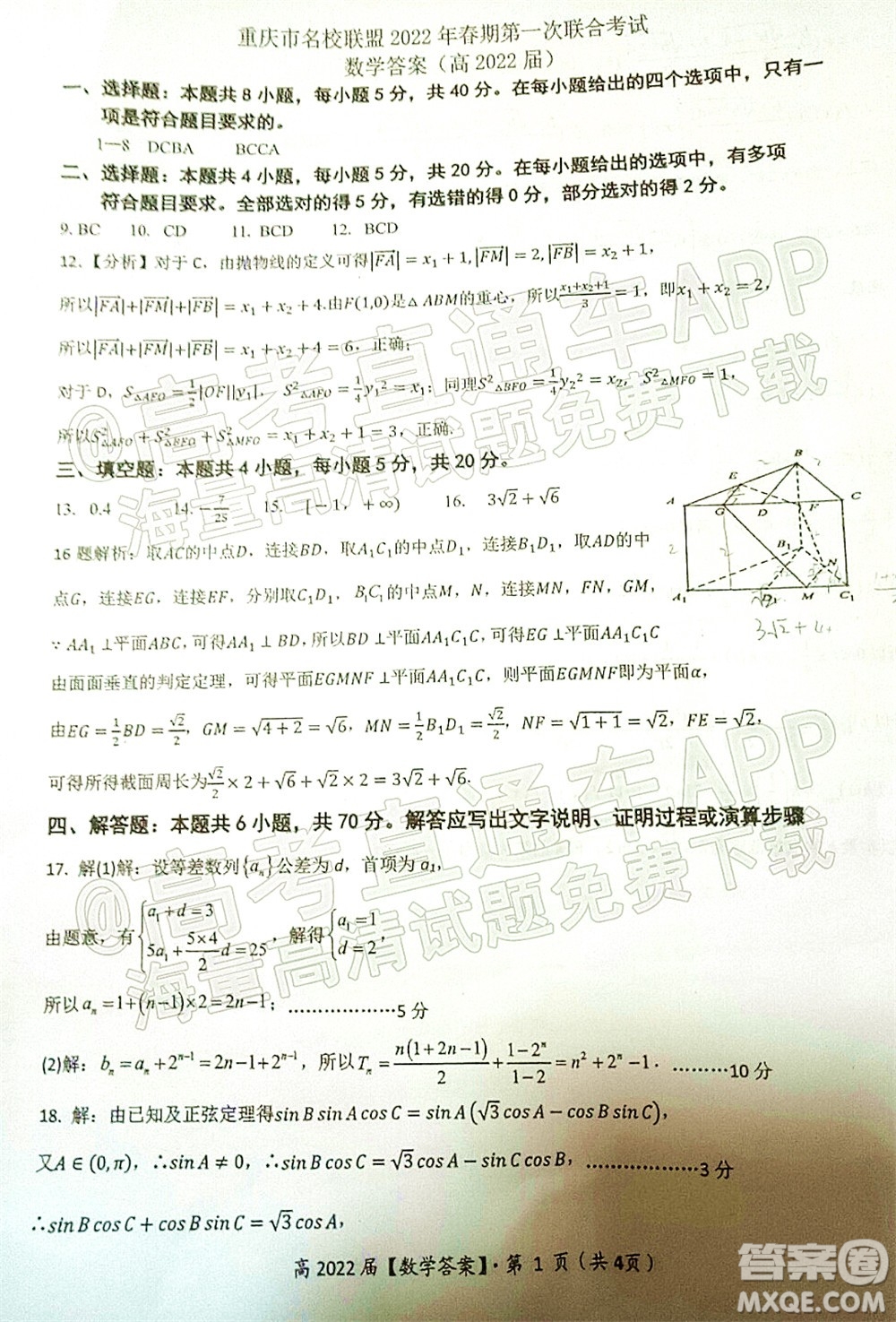 重慶市名校聯(lián)盟2022年春期第一次聯(lián)合考試高三數(shù)學(xué)試題及答案