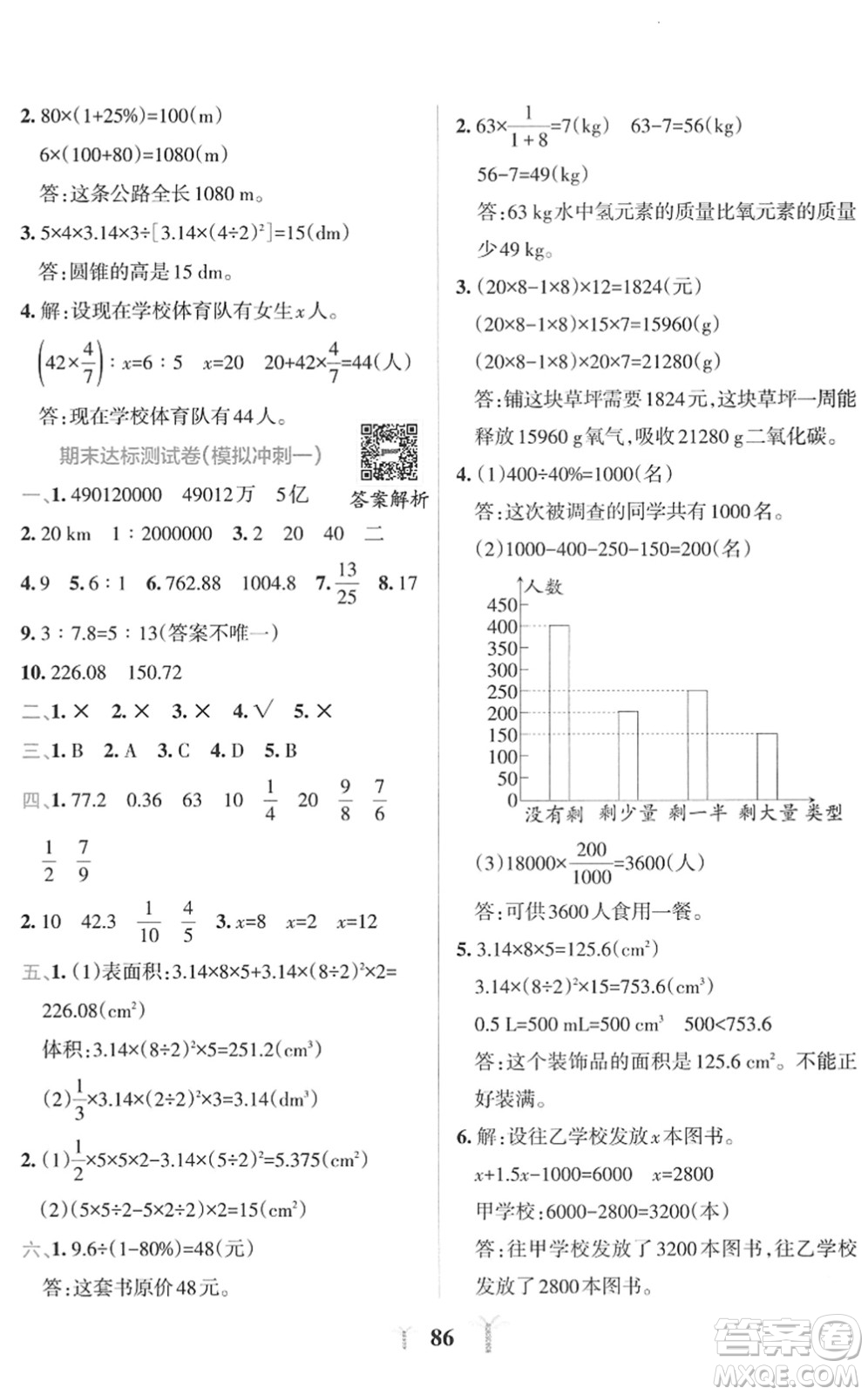 陜西師范大學(xué)出版總社2022小學(xué)學(xué)霸沖A卷六年級(jí)數(shù)學(xué)下冊(cè)RJ人教版答案