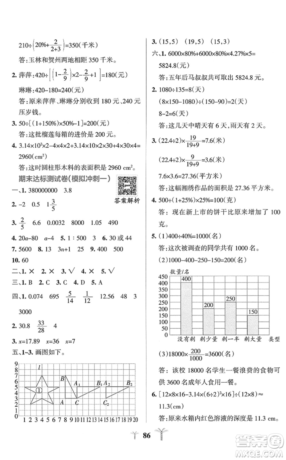 陜西師范大學(xué)出版總社2022小學(xué)學(xué)霸沖A卷六年級(jí)數(shù)學(xué)下冊(cè)SJ蘇教版答案