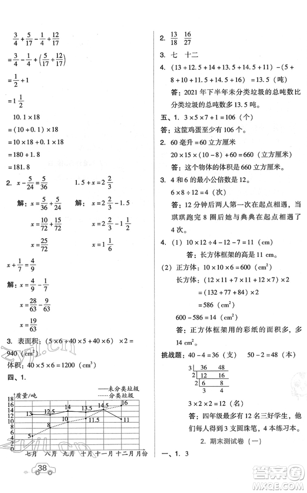 吉林教育出版社2022榮德基好卷五年級(jí)數(shù)學(xué)下冊(cè)R人教版答案