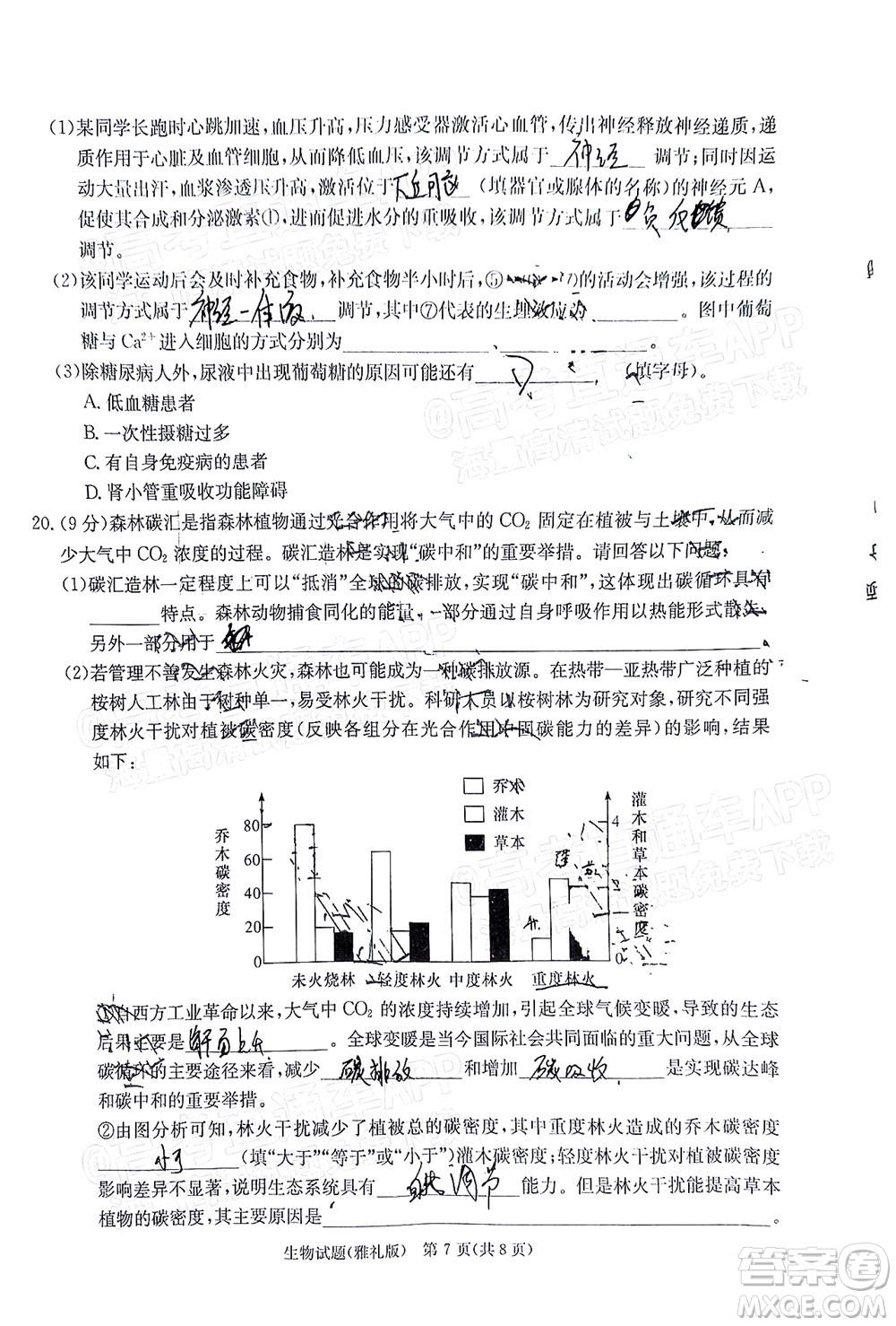 炎德英才大聯(lián)考雅禮中學2022屆高三月考試卷七生物試題及答案