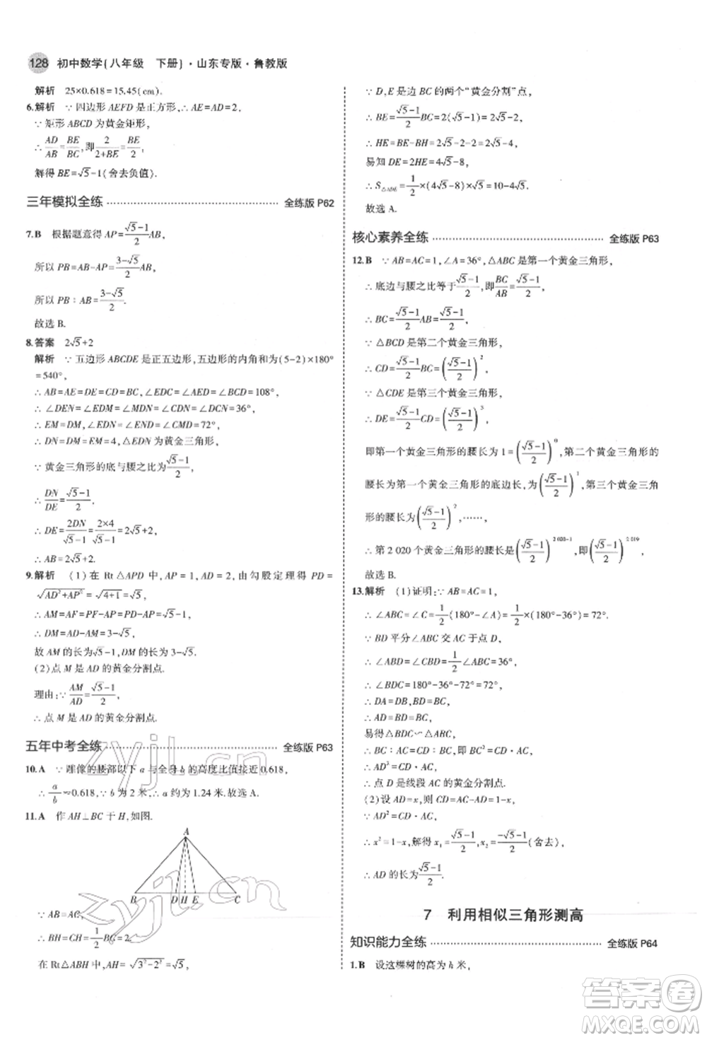 教育科學(xué)出版社2022年5年中考3年模擬八年級數(shù)學(xué)下冊魯教版山東專版參考答案