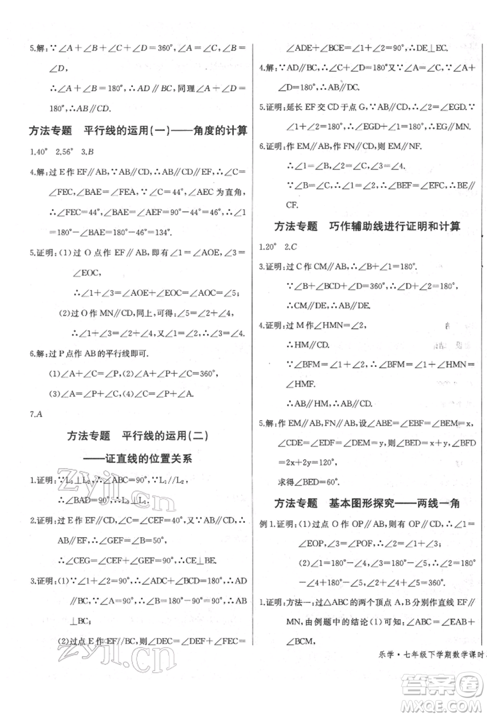 長江少年兒童出版社2022樂學課堂課時學講練七年級數(shù)學下冊人教版參考答案