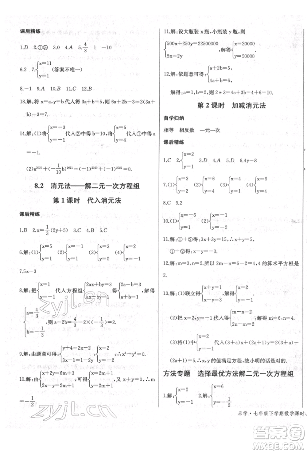 長江少年兒童出版社2022樂學課堂課時學講練七年級數(shù)學下冊人教版參考答案