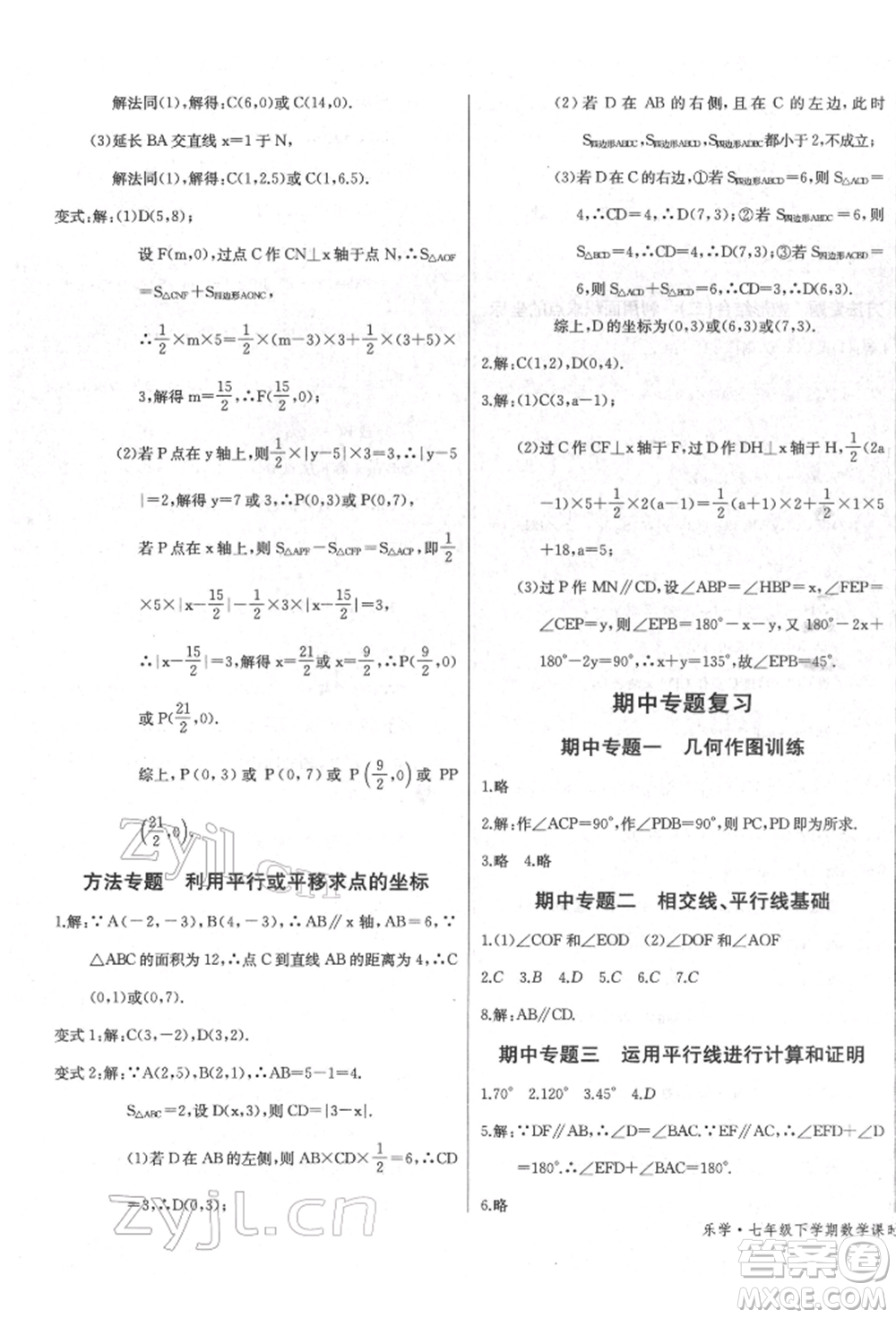 長江少年兒童出版社2022樂學課堂課時學講練七年級數(shù)學下冊人教版參考答案