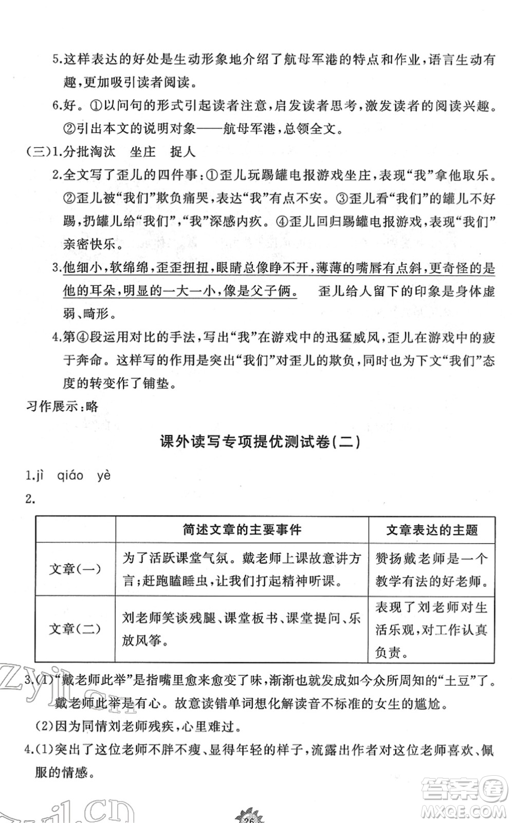 山東友誼出版社2022小學(xué)同步練習(xí)冊(cè)提優(yōu)測(cè)試卷六年級(jí)語(yǔ)文下冊(cè)人教版答案