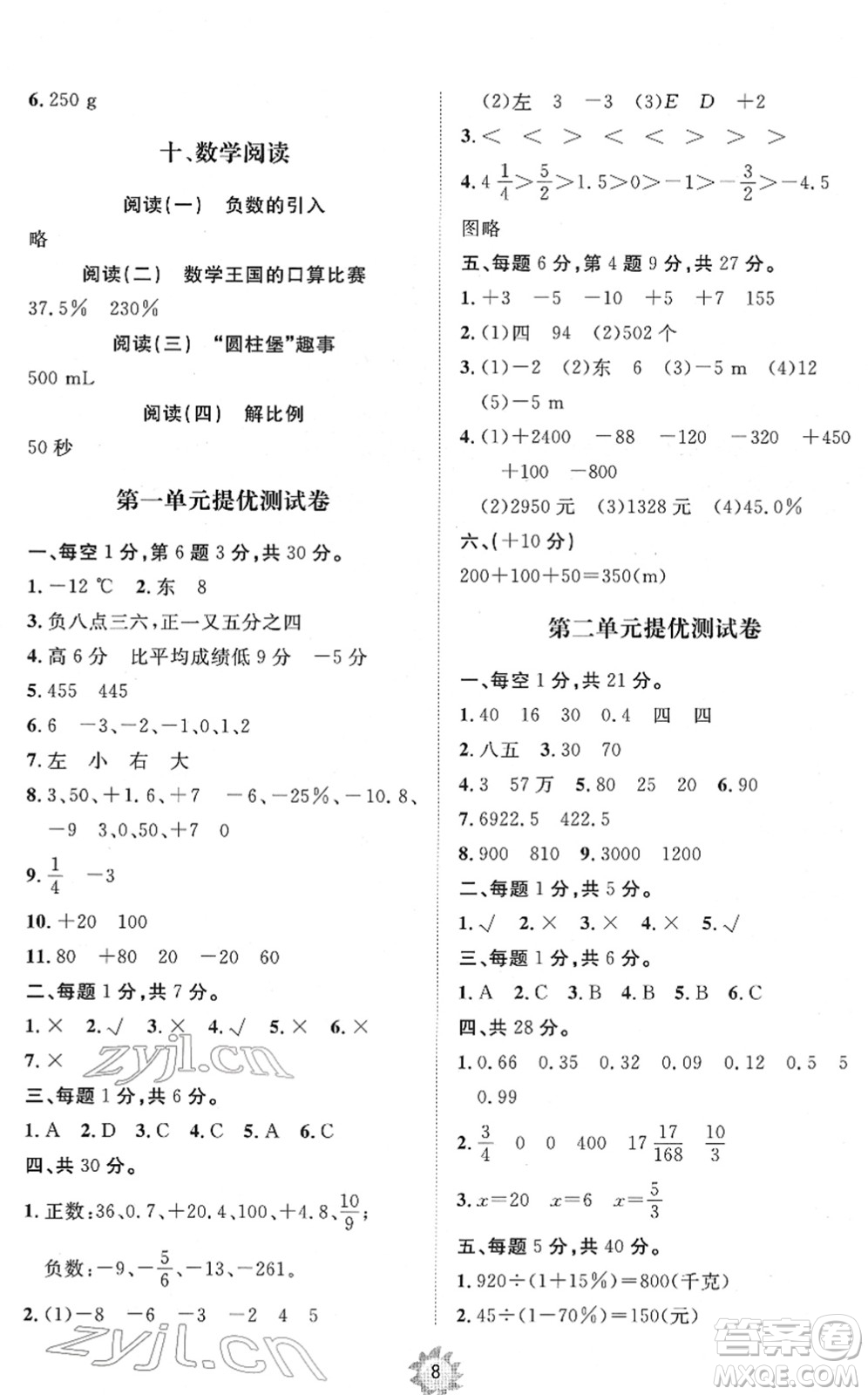 山東友誼出版社2022小學(xué)同步練習(xí)冊提優(yōu)測試卷六年級數(shù)學(xué)下冊人教版答案