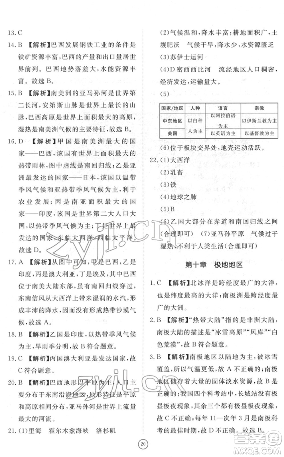 山東友誼出版社2022初中同步練習(xí)冊提優(yōu)測試卷七年級地理下冊人教版答案