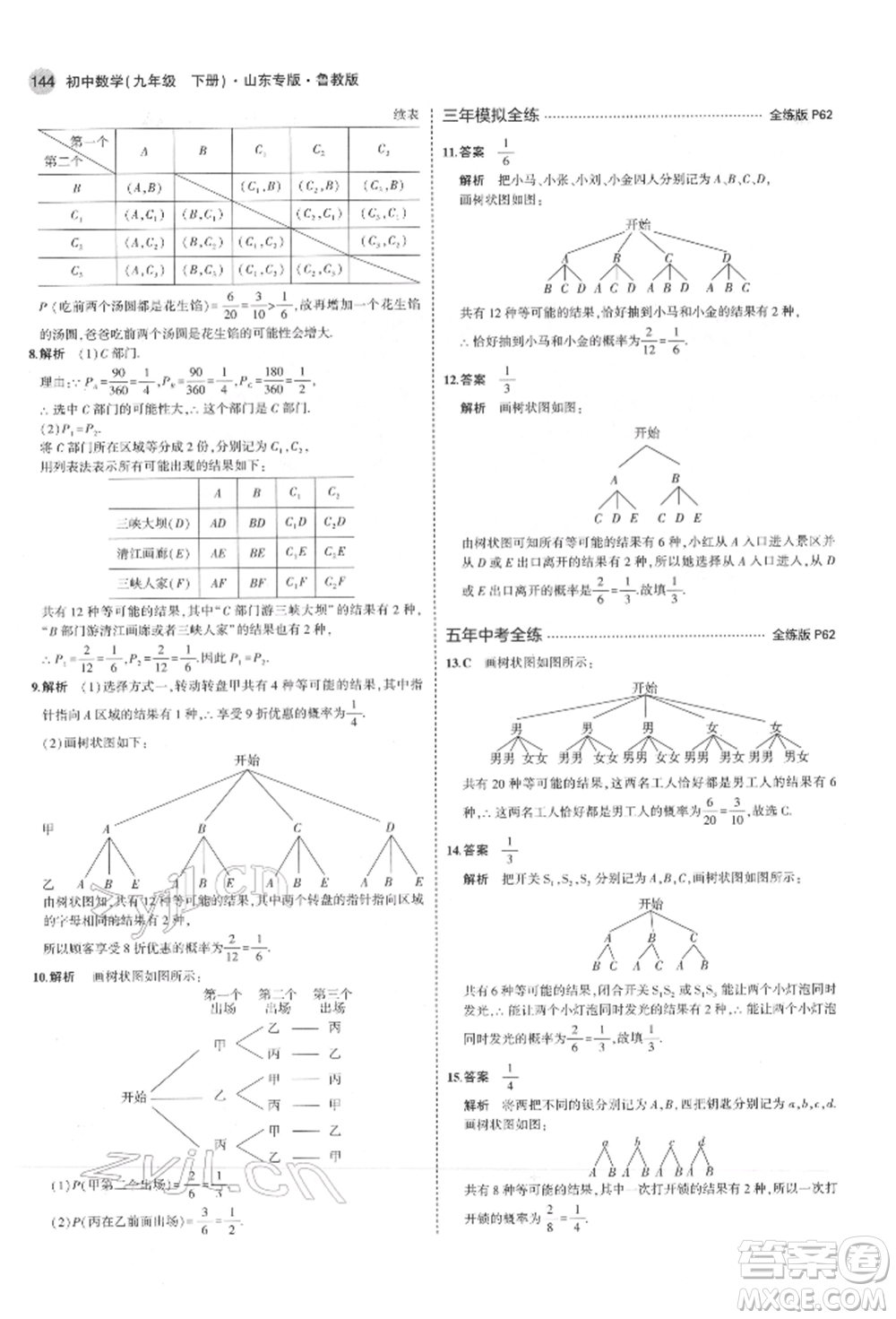 教育科學(xué)出版社2022年5年中考3年模擬九年級(jí)數(shù)學(xué)下冊(cè)魯教版山東專版參考答案