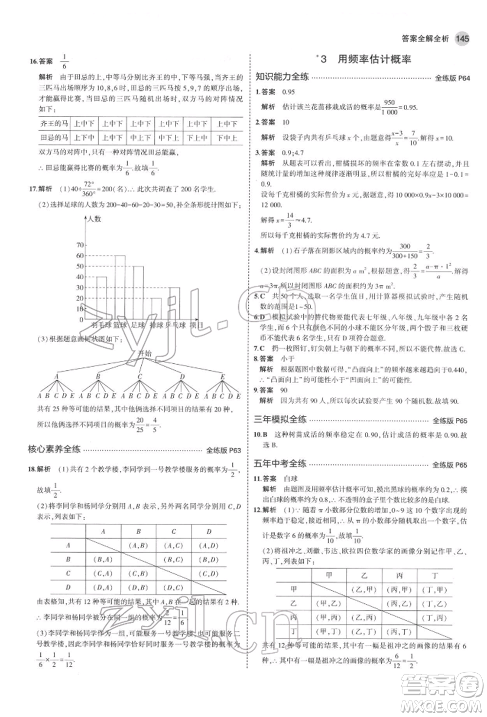 教育科學(xué)出版社2022年5年中考3年模擬九年級(jí)數(shù)學(xué)下冊(cè)魯教版山東專版參考答案