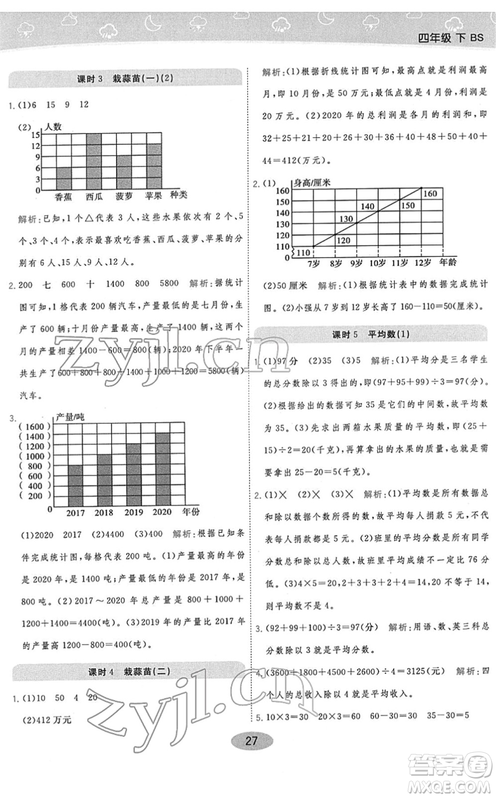 陜西師范大學(xué)出版總社2022黃岡同步練一日一練四年級(jí)數(shù)學(xué)下冊(cè)BS北師版答案