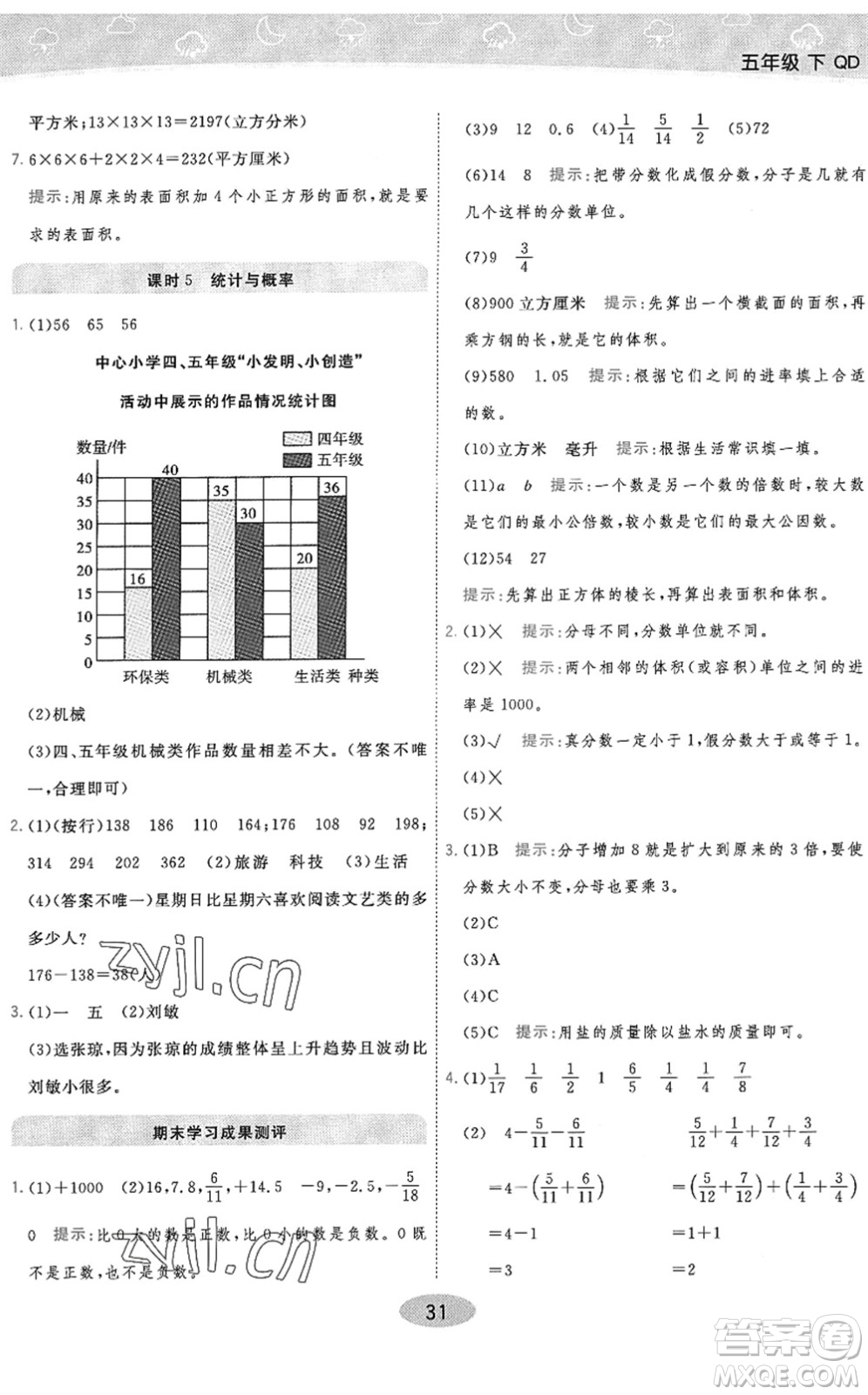 開明出版社2022黃岡同步練一日一練五年級(jí)數(shù)學(xué)下冊(cè)QD青島版答案