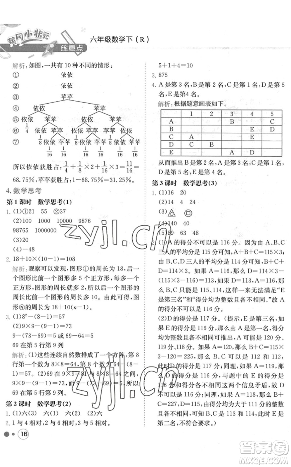 龍門(mén)書(shū)局2022黃岡小狀元練重點(diǎn)培優(yōu)同步作業(yè)六年級(jí)數(shù)學(xué)下冊(cè)R人教版答案