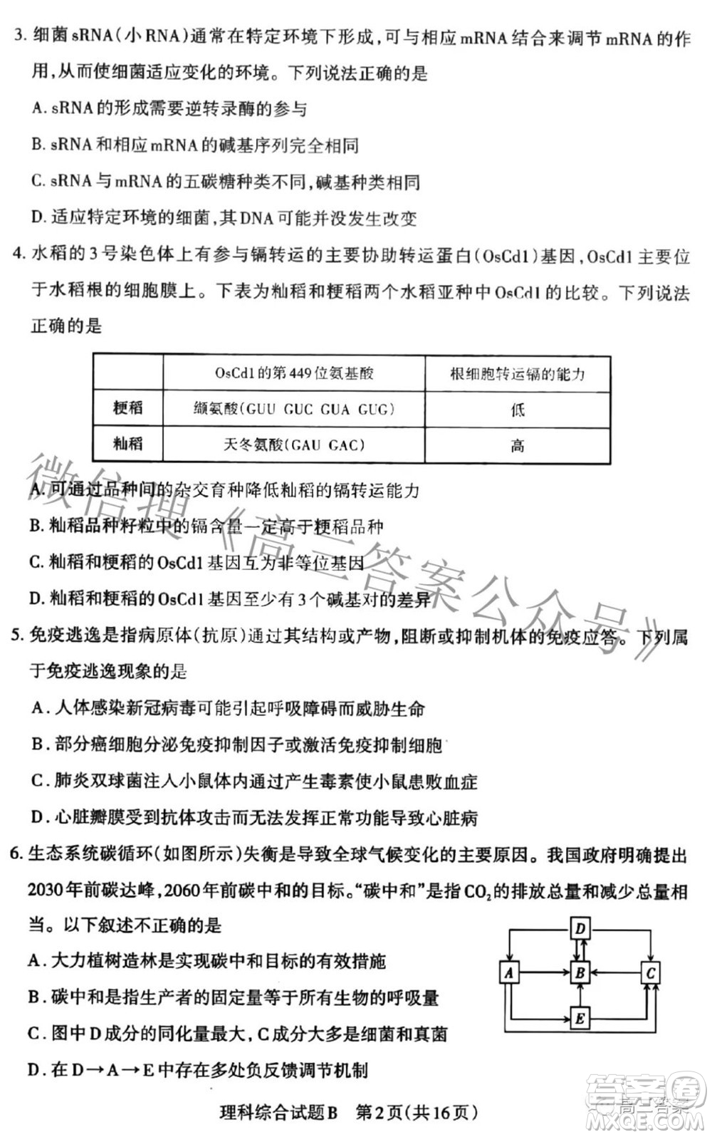 2022年山西省高考考前適應性測試理科綜合試題及答案