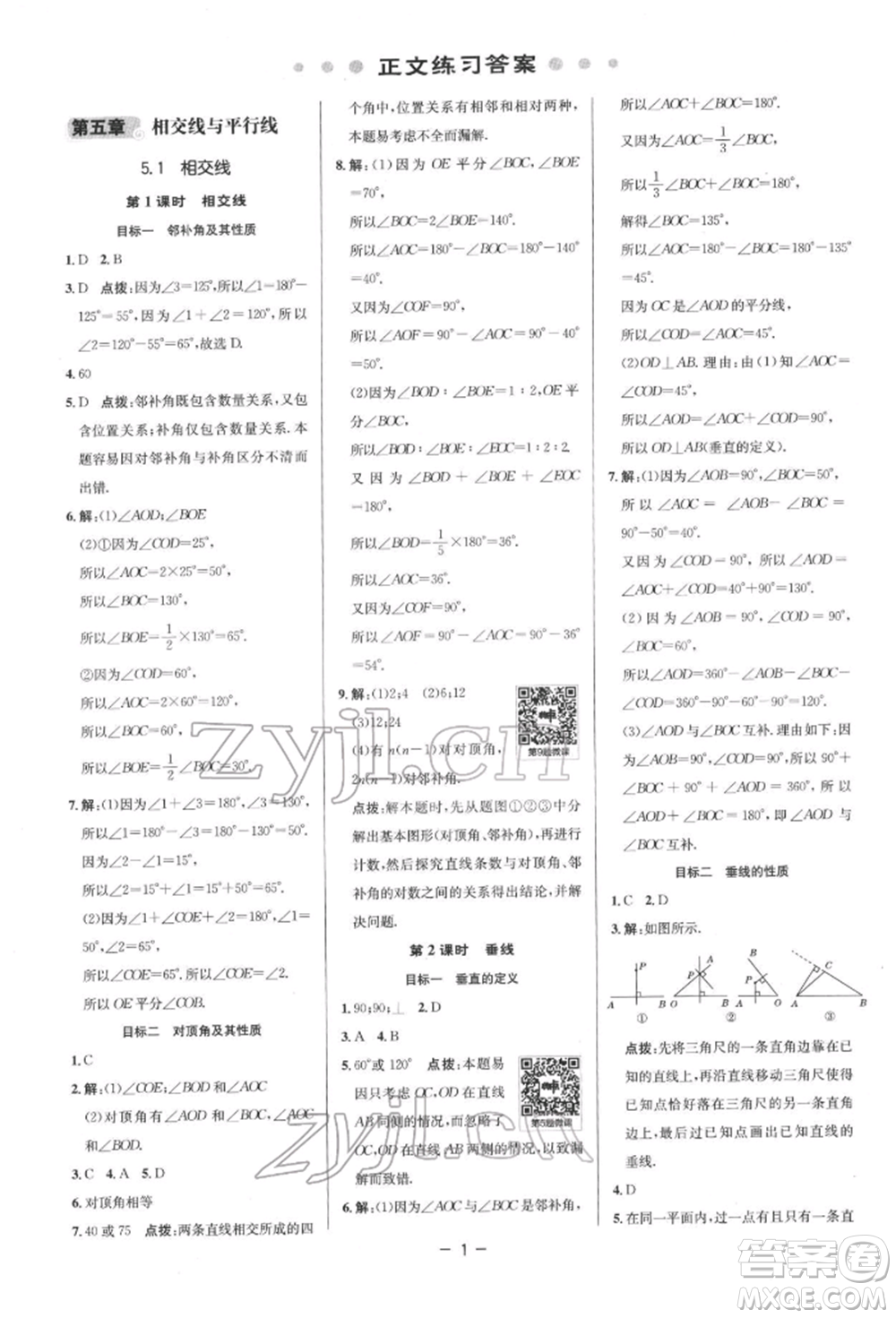 陜西人民教育出版社2022典中點綜合應(yīng)用創(chuàng)新題七年級數(shù)學(xué)下冊人教版參考答案