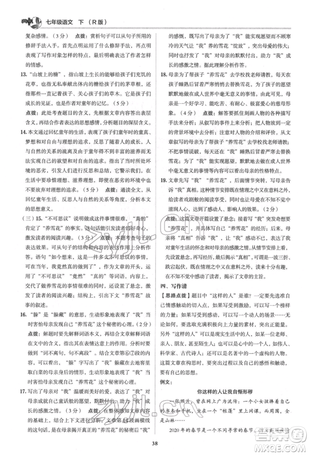 陜西人民教育出版社2022典中點綜合應用創(chuàng)新題七年級語文下冊人教版參考答案