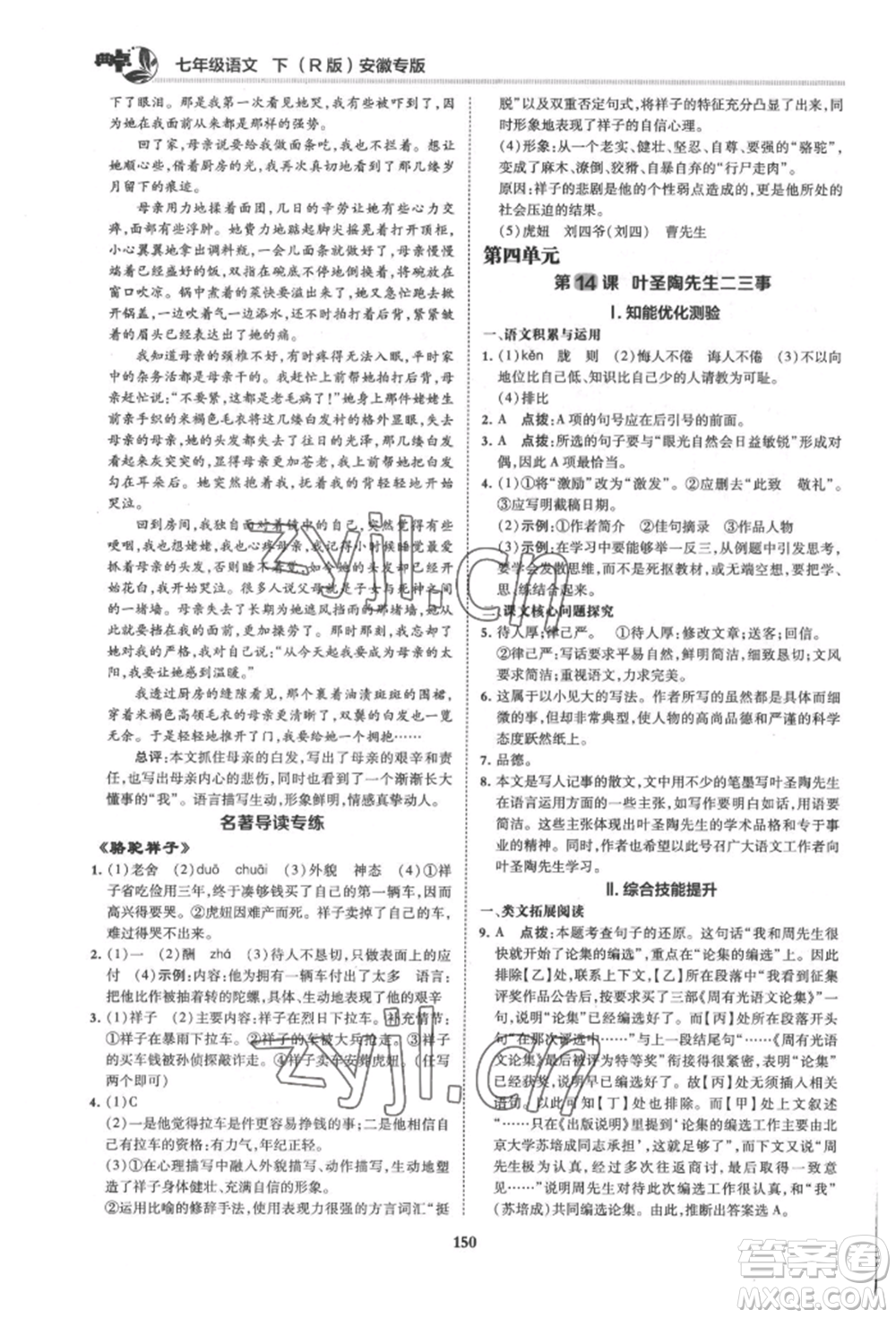 吉林教育出版社2022典中點綜合應用創(chuàng)新題七年級語文下冊人教版安徽專版參考答案