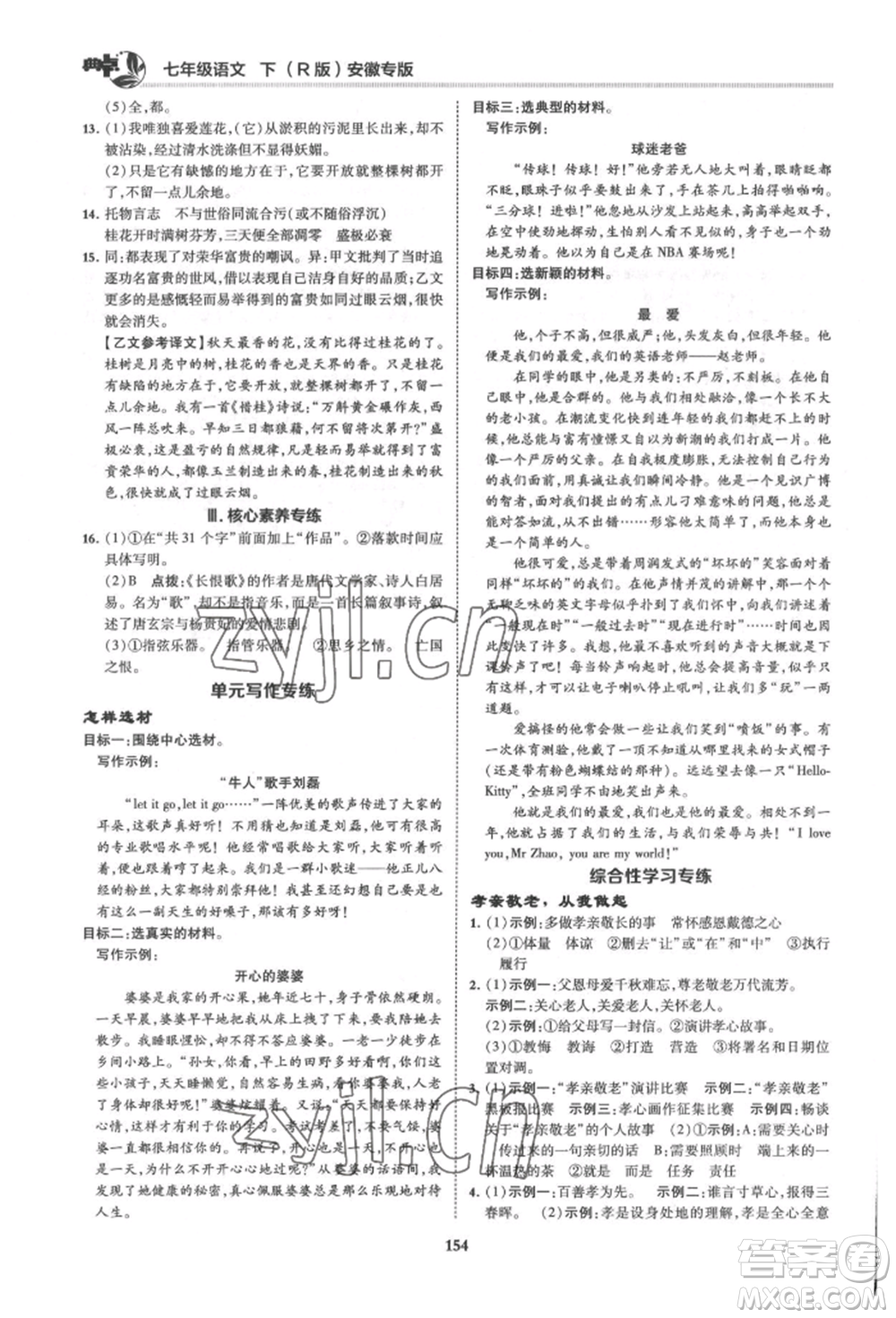 吉林教育出版社2022典中點綜合應用創(chuàng)新題七年級語文下冊人教版安徽專版參考答案