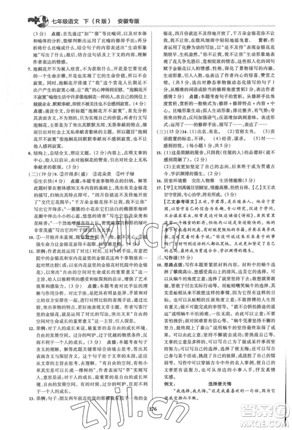 吉林教育出版社2022典中點綜合應用創(chuàng)新題七年級語文下冊人教版安徽專版參考答案